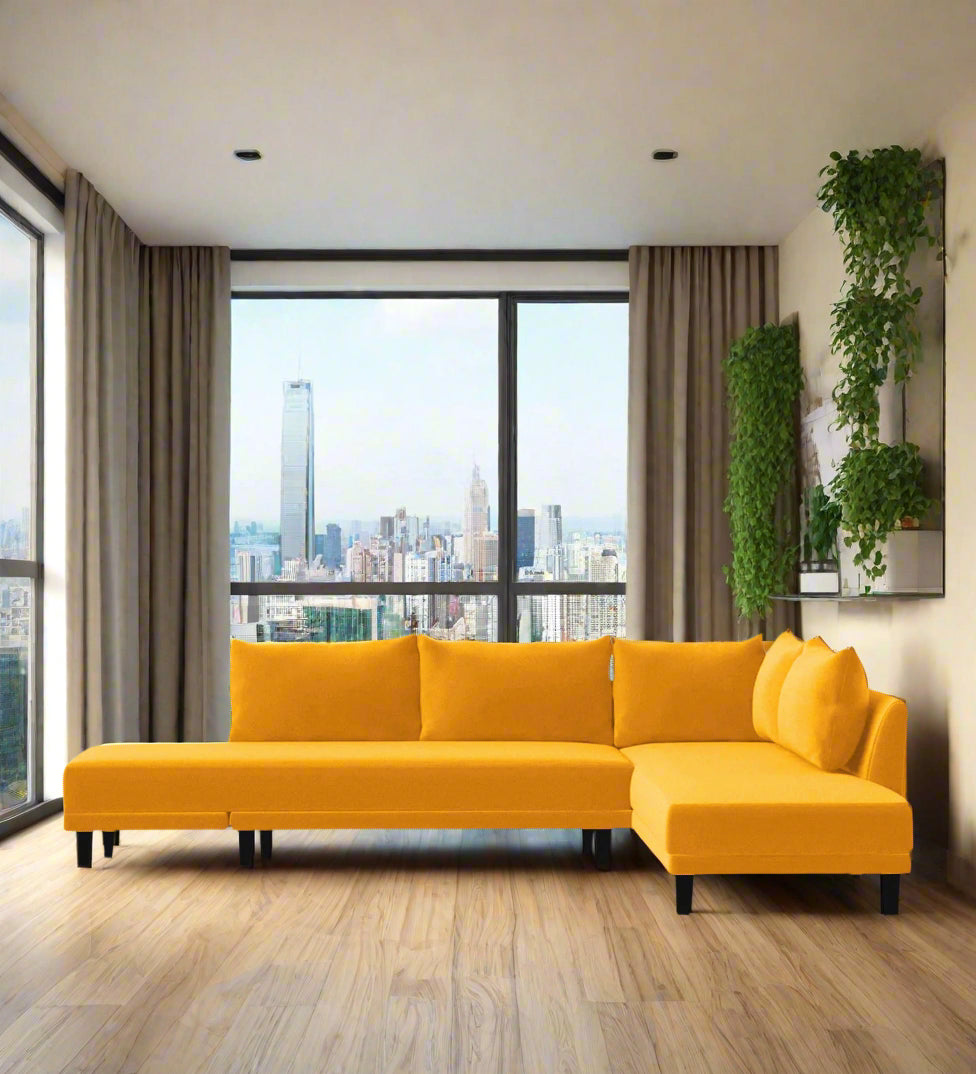 Ira Fabric LHS 6 Seater Convertible Sofa Cum Bed In Bold Yellow Colour