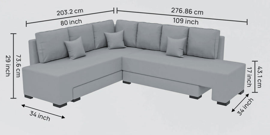 Corby Velvet Lhs 6 Seater Convertible Sofa Cum Bed In Concrete Grey Colour - Febonic Living