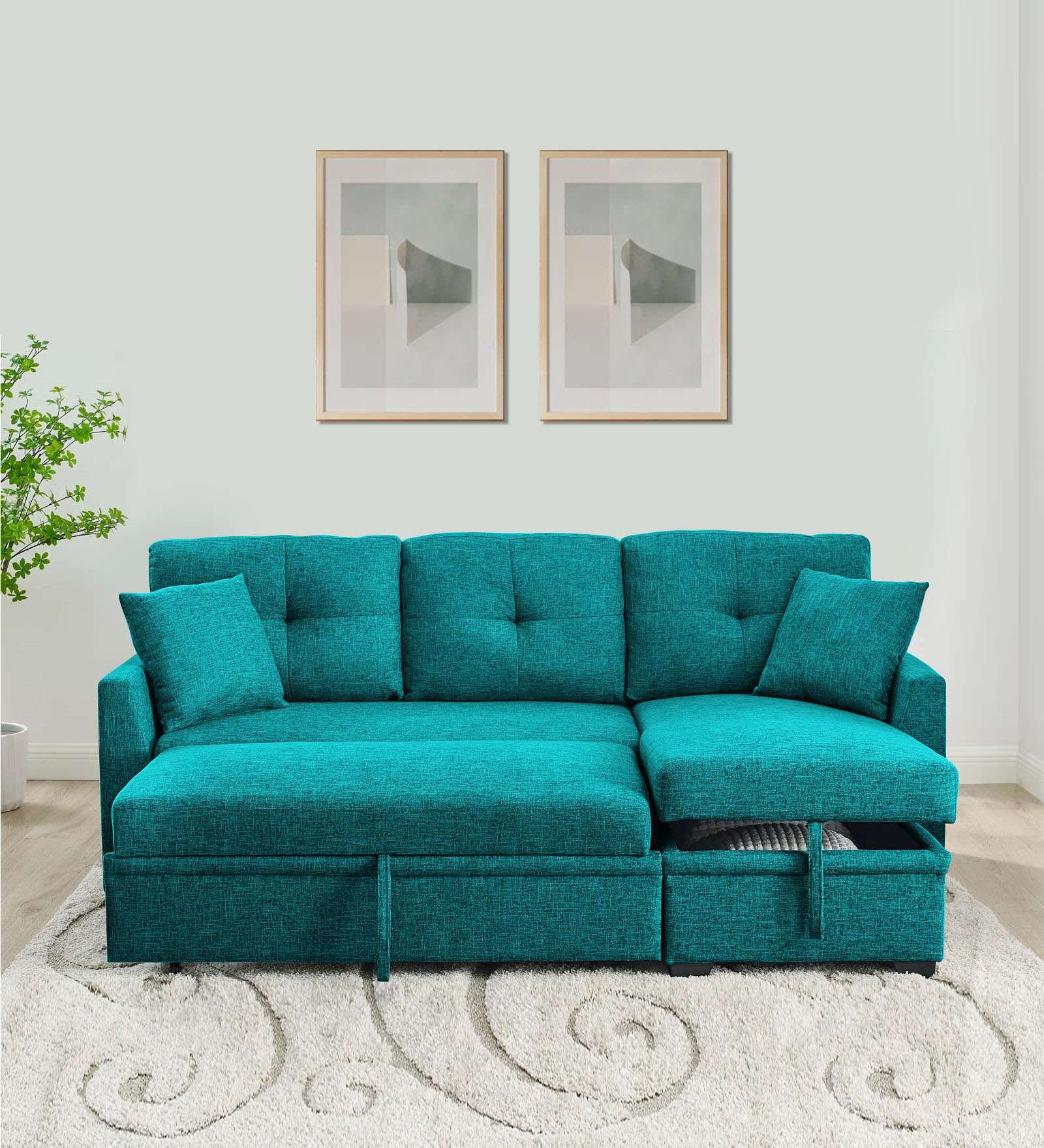 Jody Fabric 3 Seater Pull Out Sofa Cum Bed In Sea Green Colour