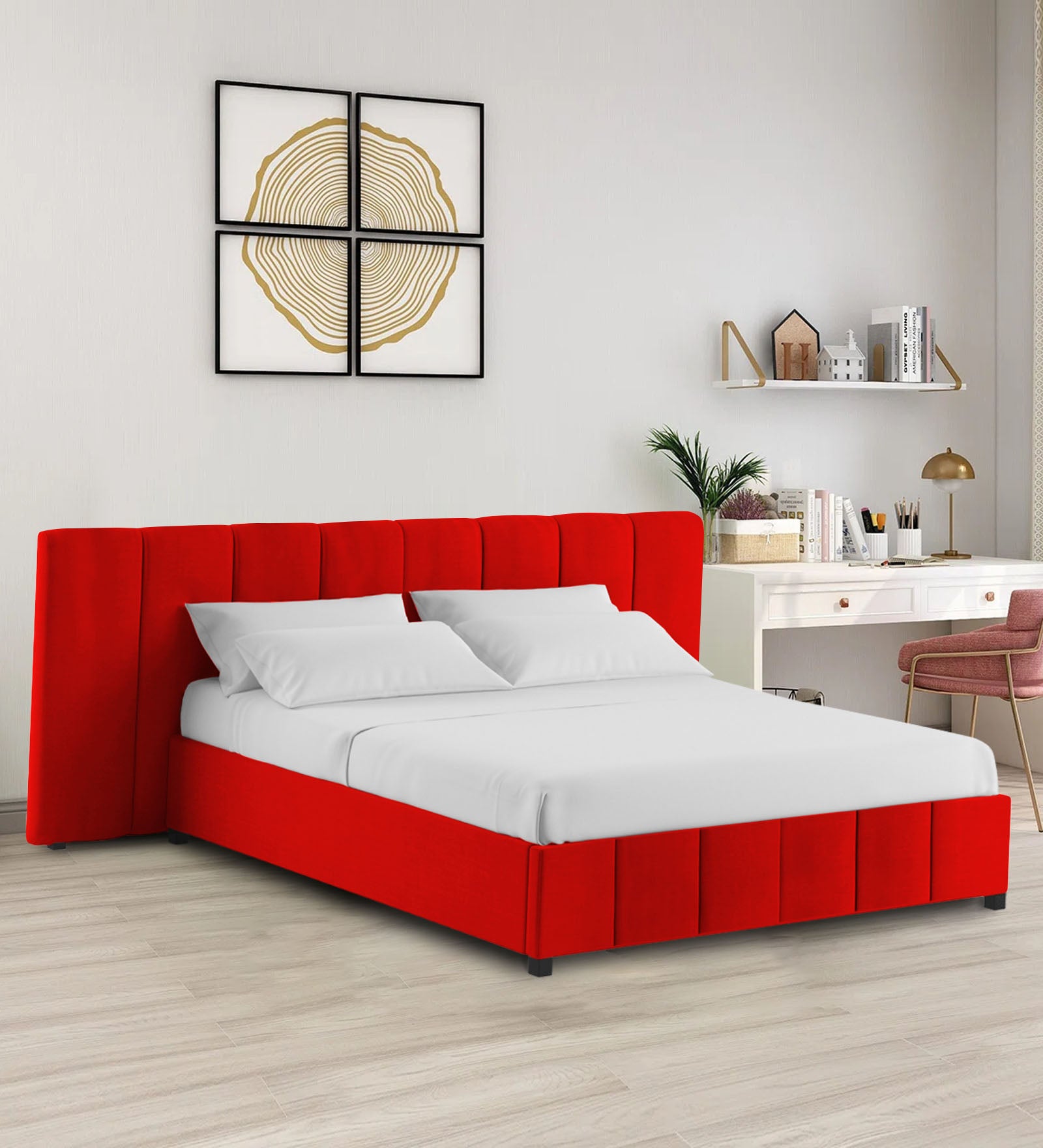 Nora Fabric Queen Size Bed In Ruby Red Colour