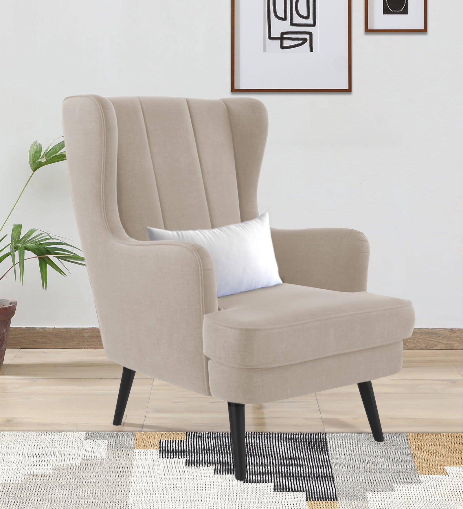 Niya Velvet 1 Seater Wing Chair in Cream Beige Colour