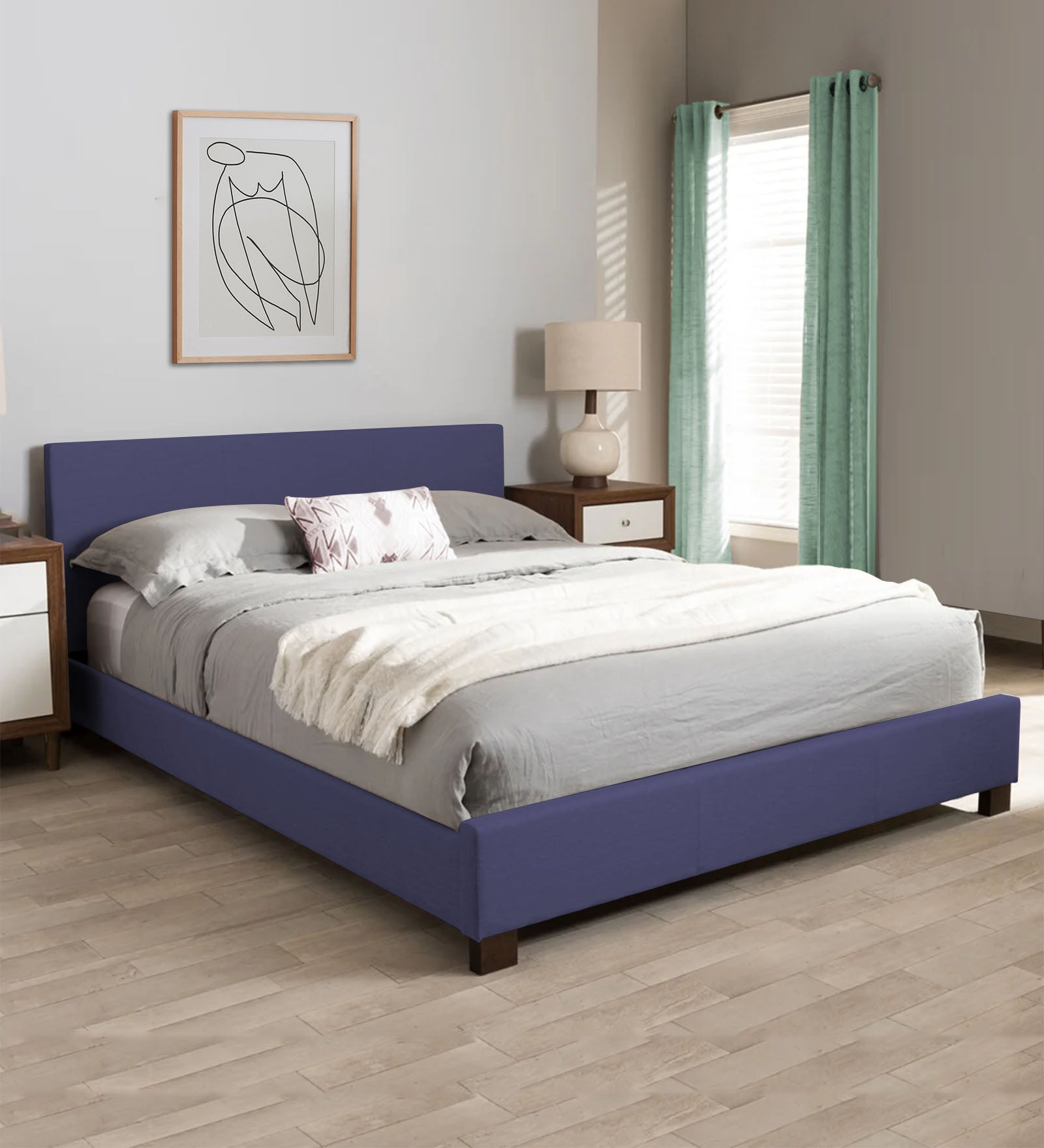 Lora Fabric King Size Bed in Denim Blue Colour