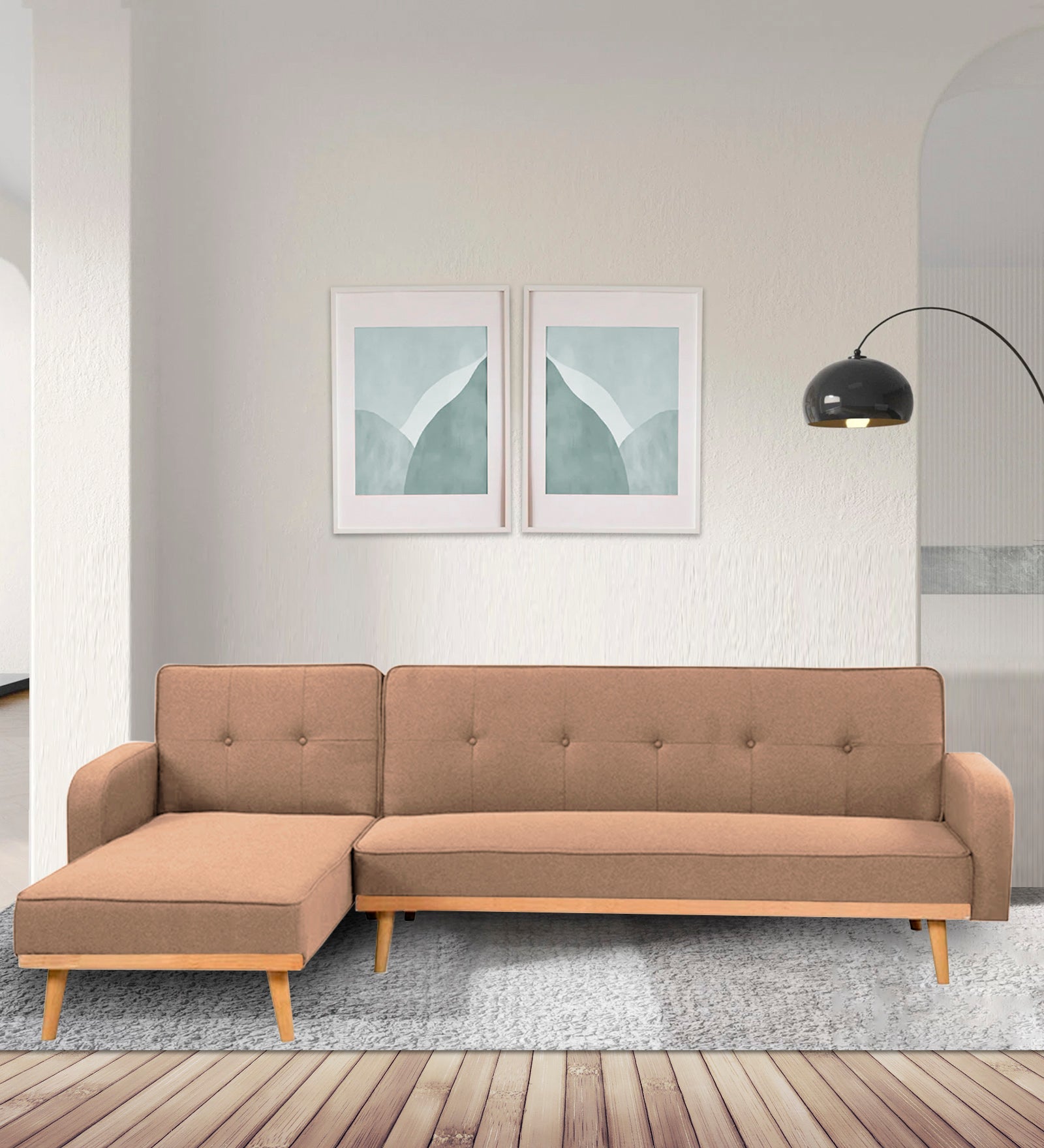 Zuno Fabric RHS Sectional + Sofa Cum Bed In Cookie Beige Colour