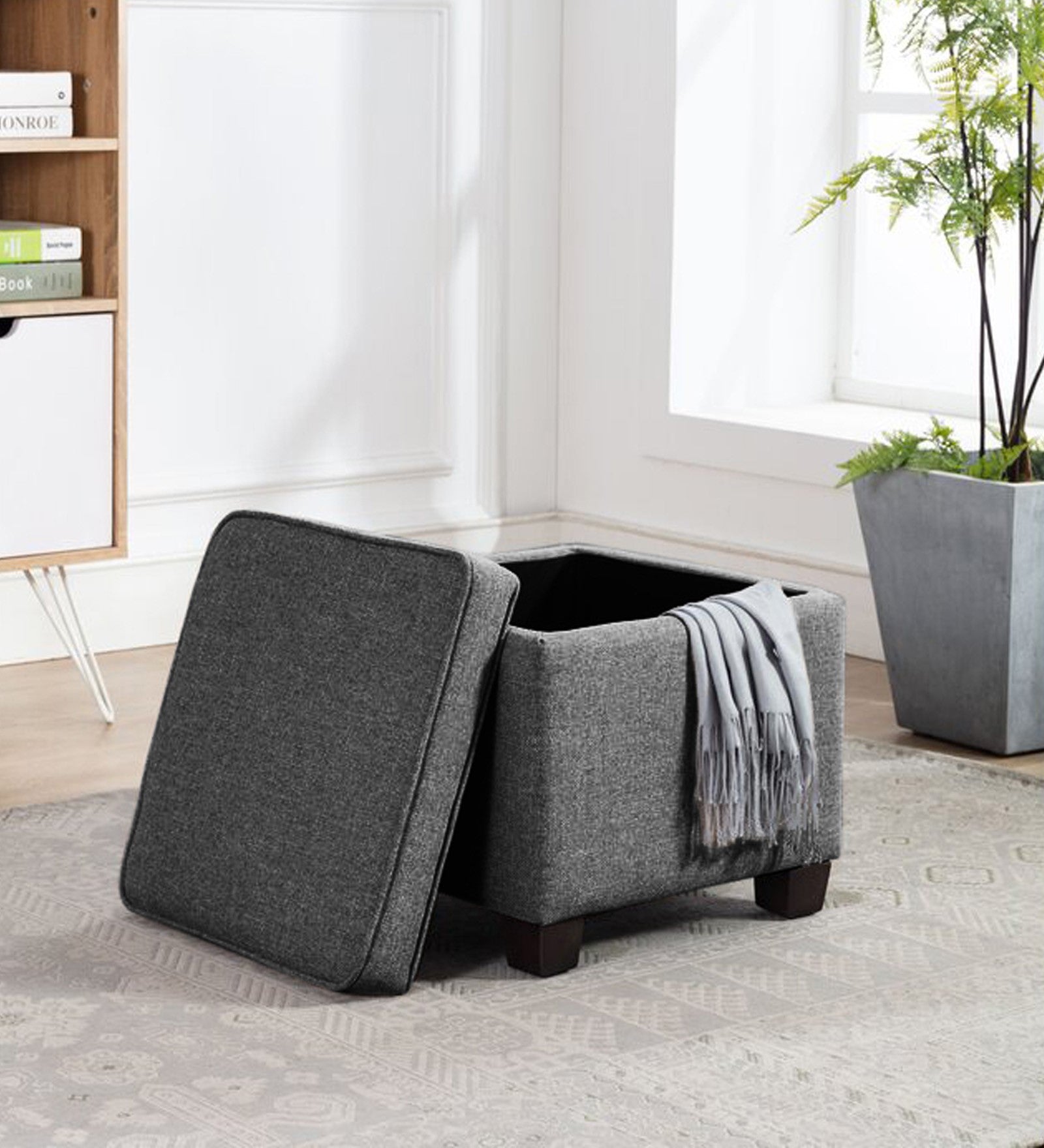 Sudan Fabric Storage Ottoman in Charcoal Grey Colour