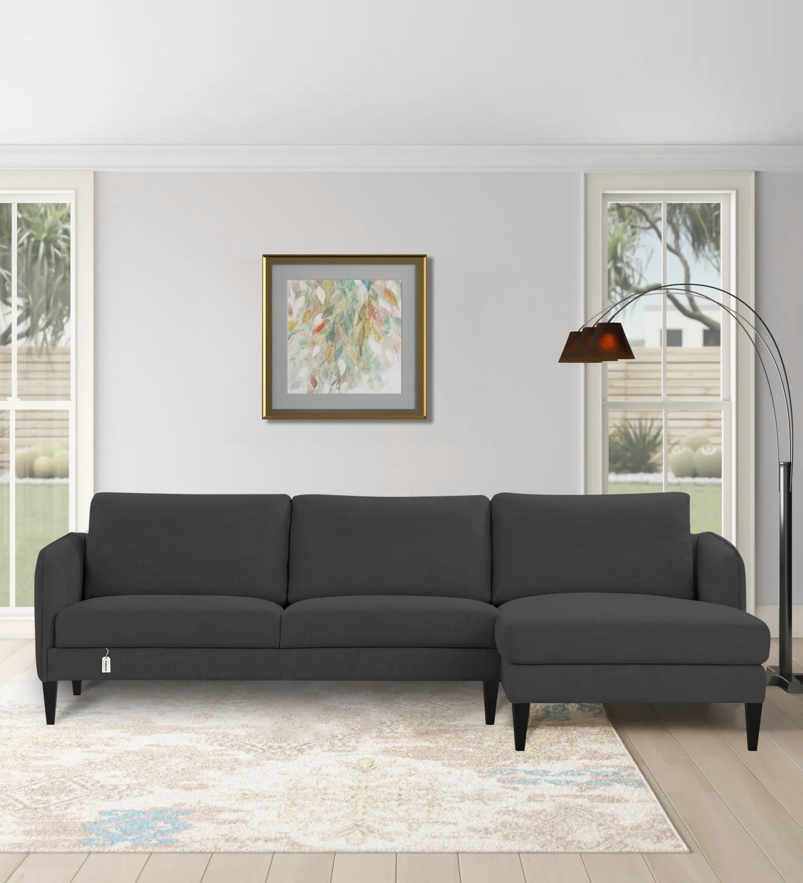 Piku Fabric LHS Sectional Sofa (3+Lounger) in Charcoal Grey Colour