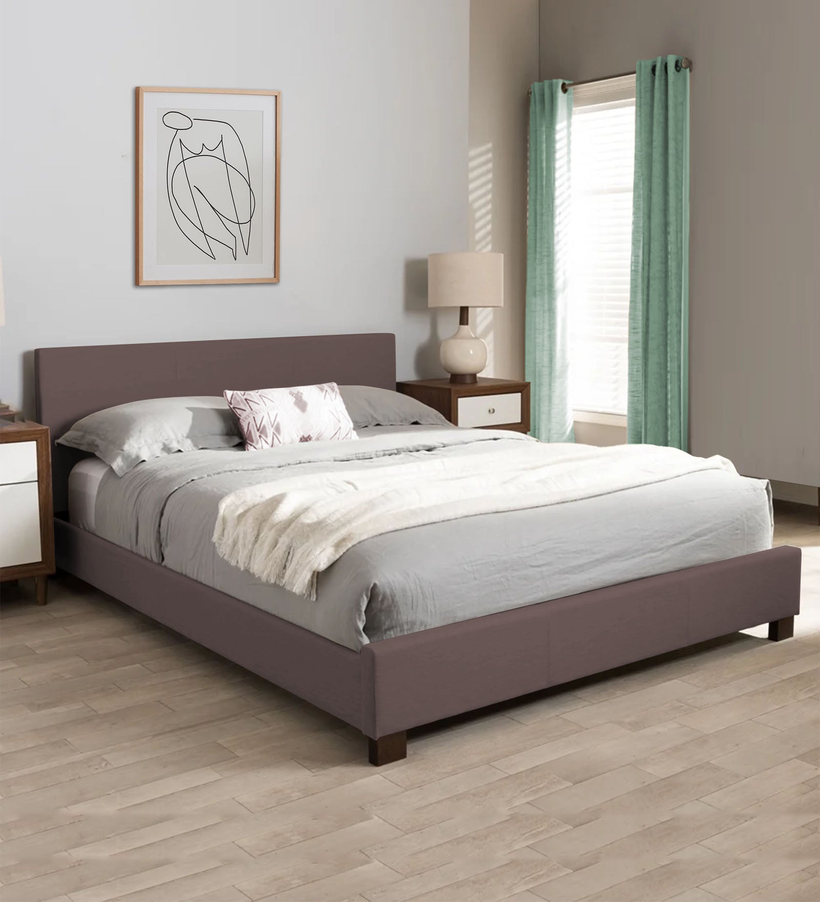 Lora Fabric Queen Size Bed in Caspa Brown Colour