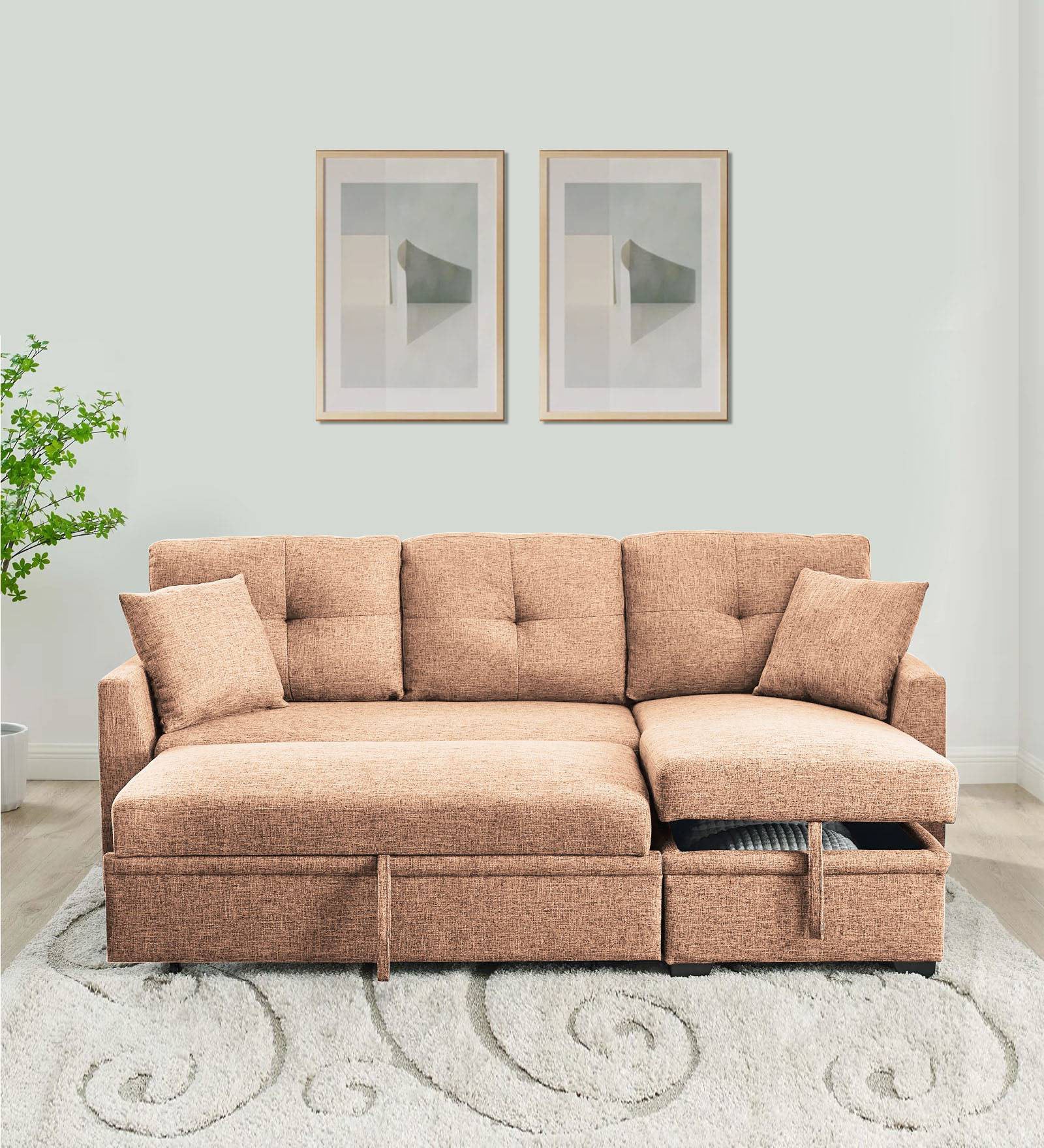 Jody Fabric 3 Seater Pull Out Sofa Cum Bed In Cosmic Beige Colour