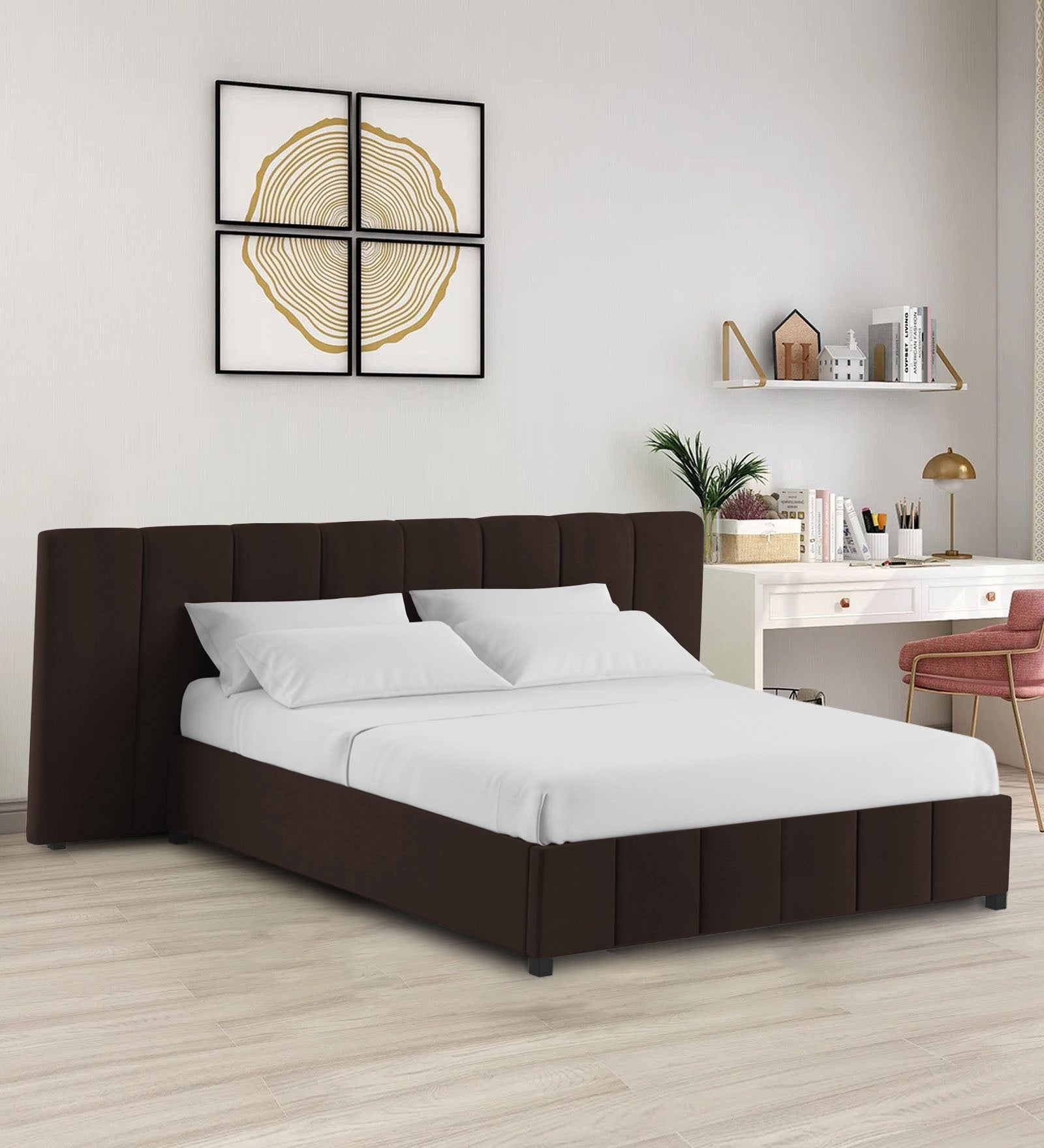 Nora Fabric Queen Size Bed In Coffee Brown Colour With Box Storage
