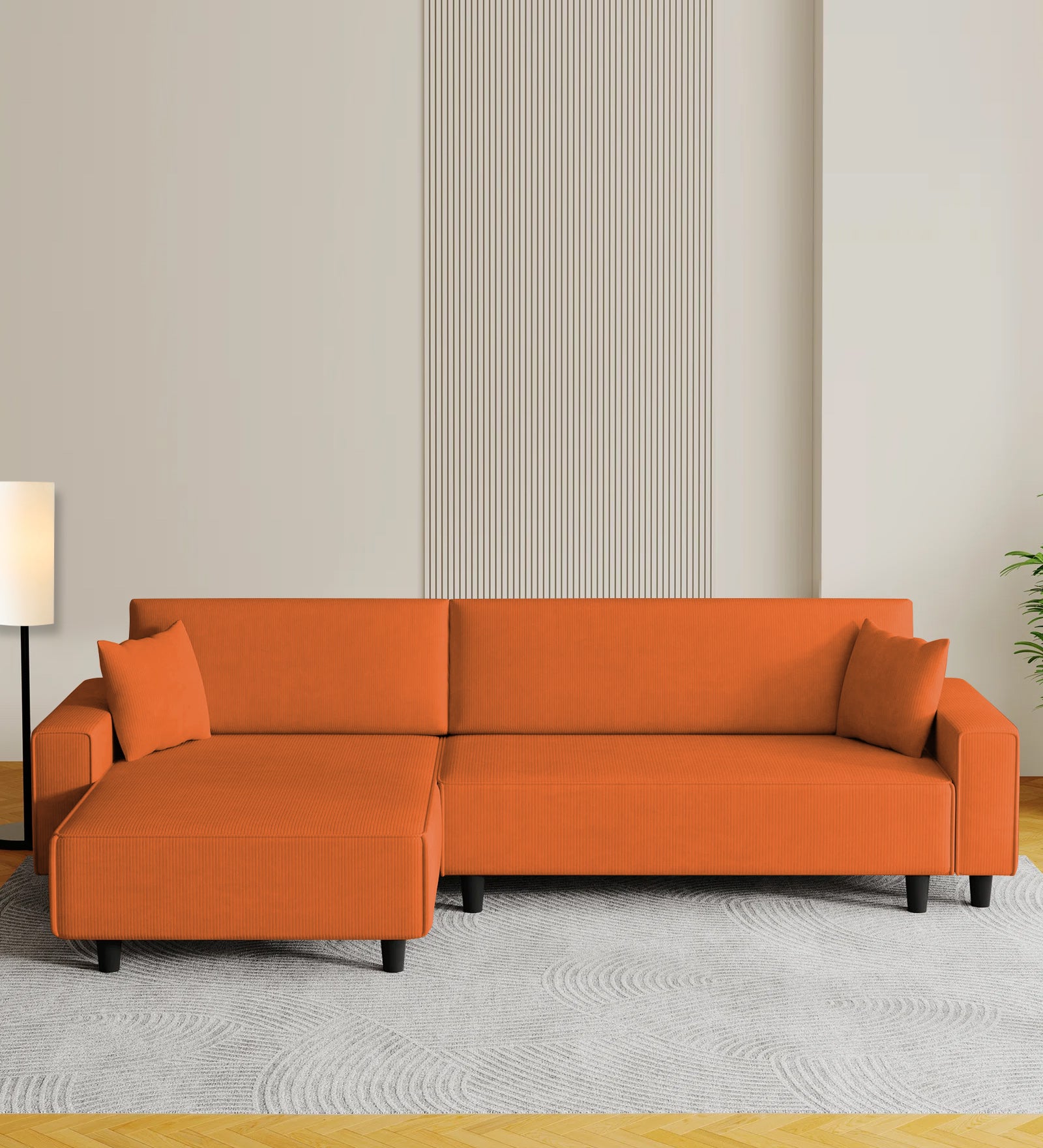 Peach Fabric RHS 6 Seater Sectional Sofa Cum Bed With Storage In Vivid Orange Colour