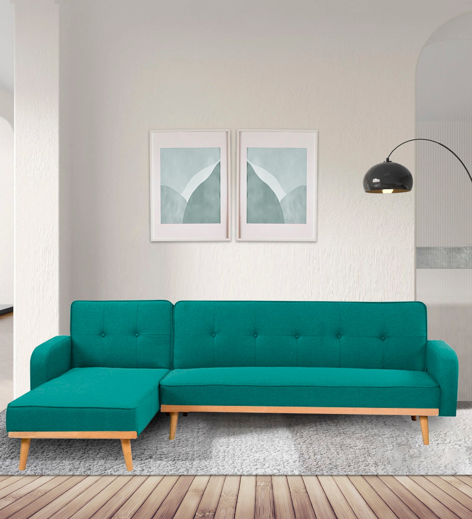 Zuno Fabric RHS Sectional + Sofa Cum Bed In Sea Green Colour