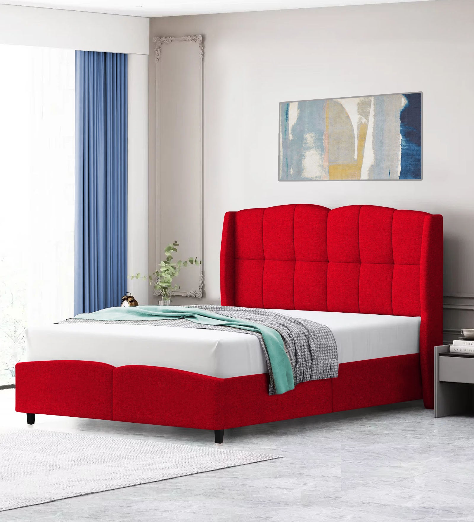 Jovi Velvet Queen Size Bed In Cherry Red Colour