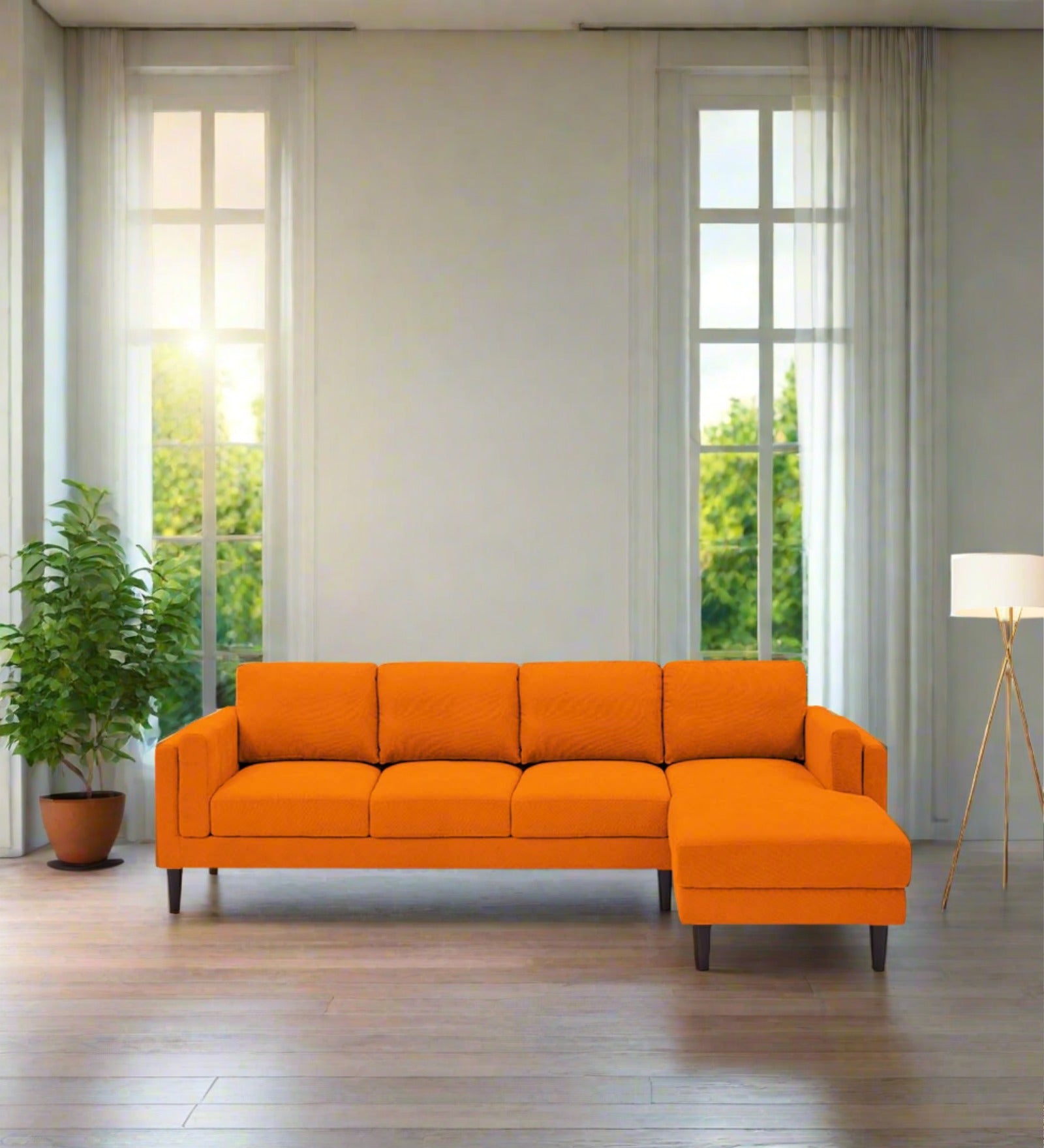 Creata Fabric LHS Sectional Sofa (3+Lounger) in Vivid Orange Colour by Febonic