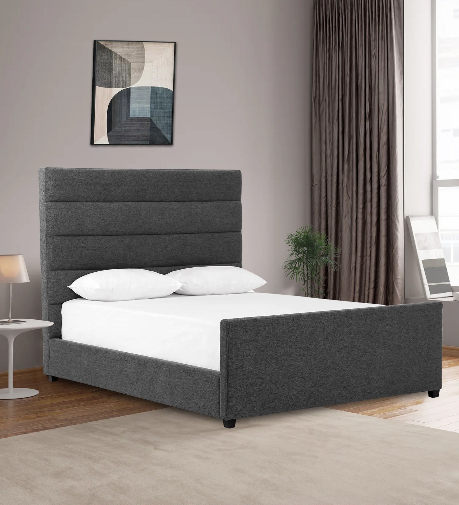 Pollen Fabric Queen Size Bed In Charcoal Grey Colour