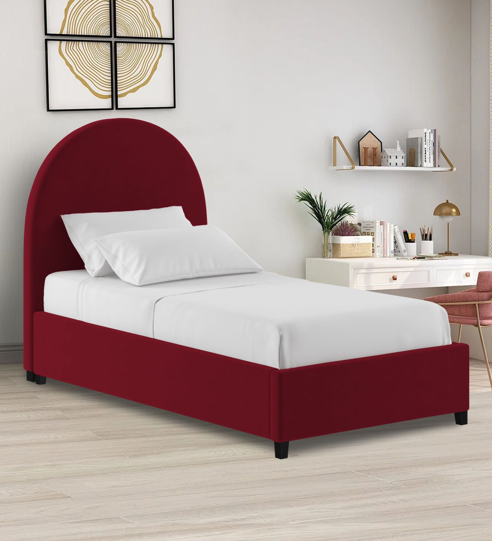 Maro Velvet Single Size Bed In Dark Maroon Colour