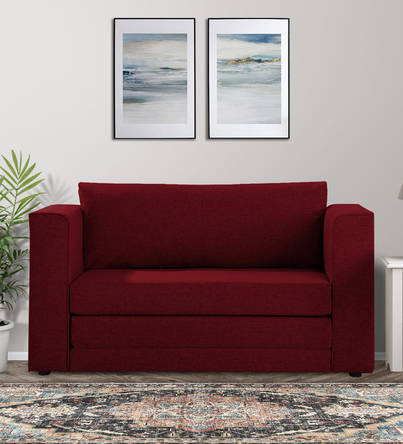 Kenia Fabric 2 Seater Convertible Sofa Cum Bed in Ruby Red Colour