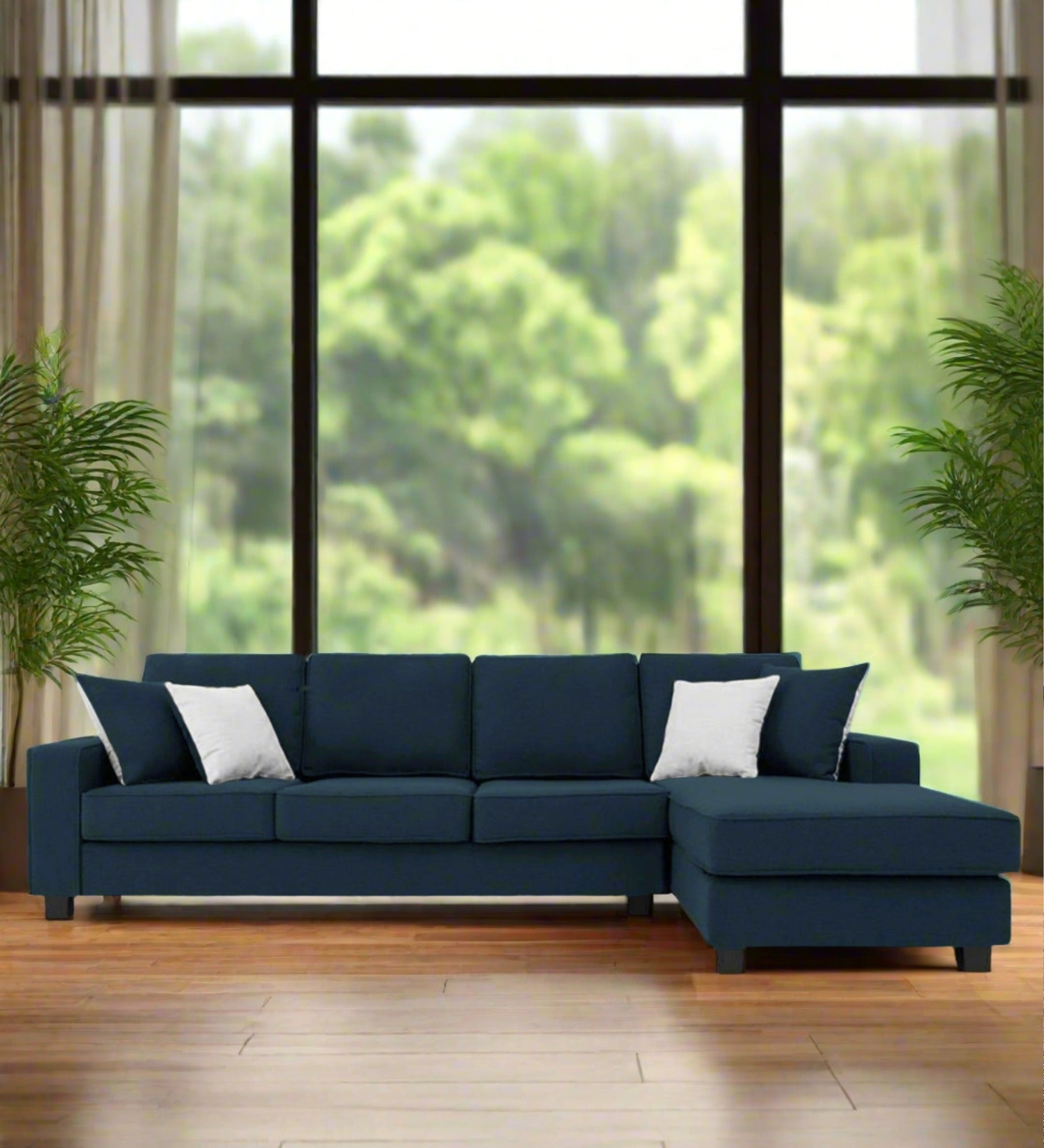 Ladybug Fabric LHS Sectional Sofa (3+Lounger) In Denim Blue Colour