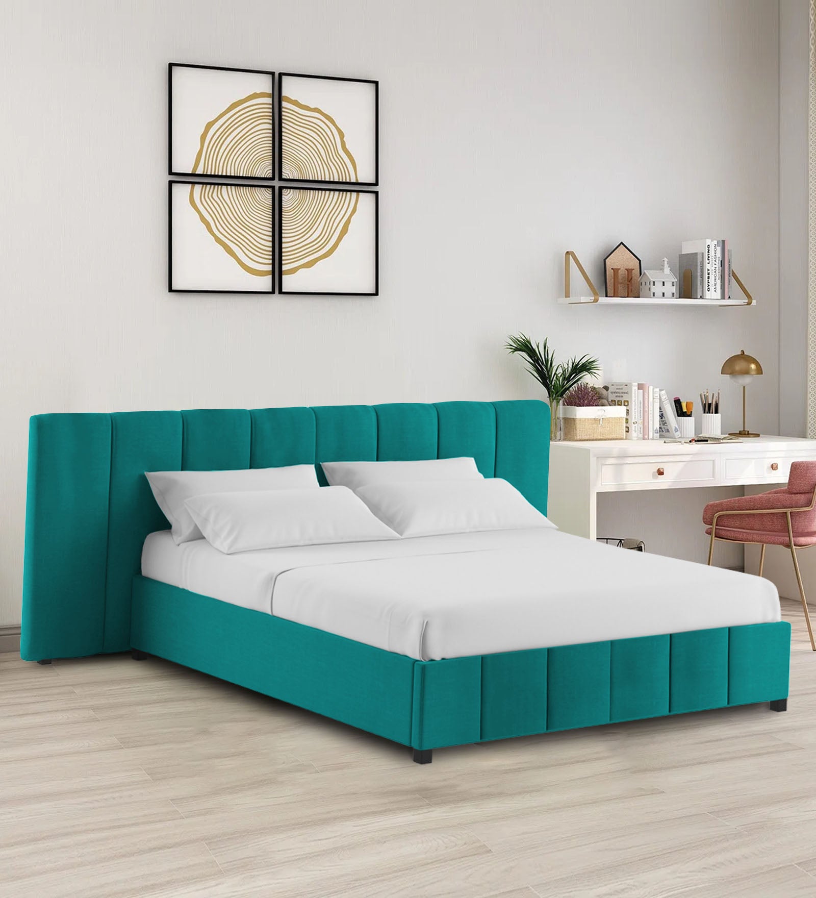 Nora Fabric Queen Size Bed In Sea Green Colour