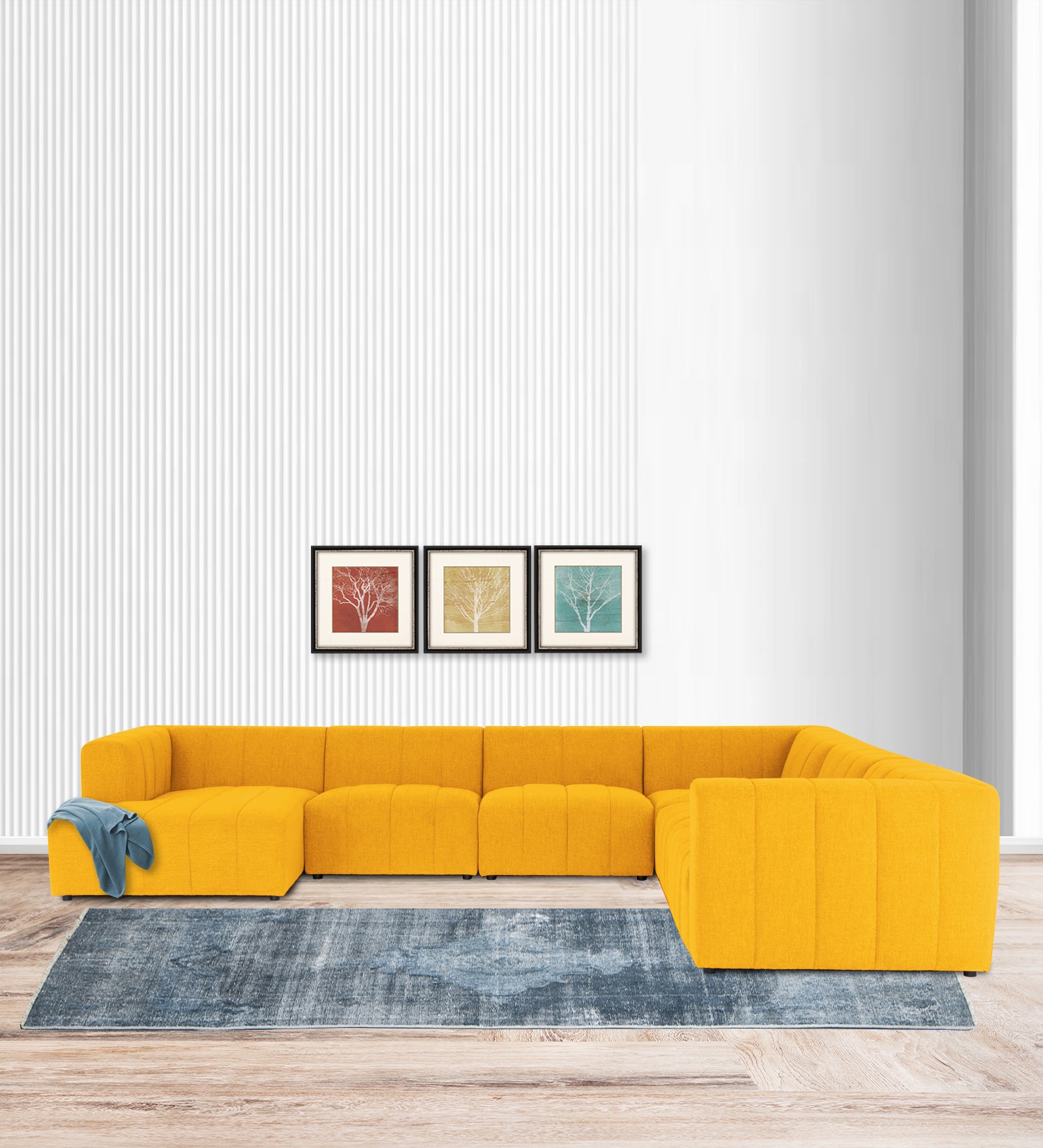 Damo Fabric RHS 8 Seater Sectional Sofa In Bold Yellow Colour