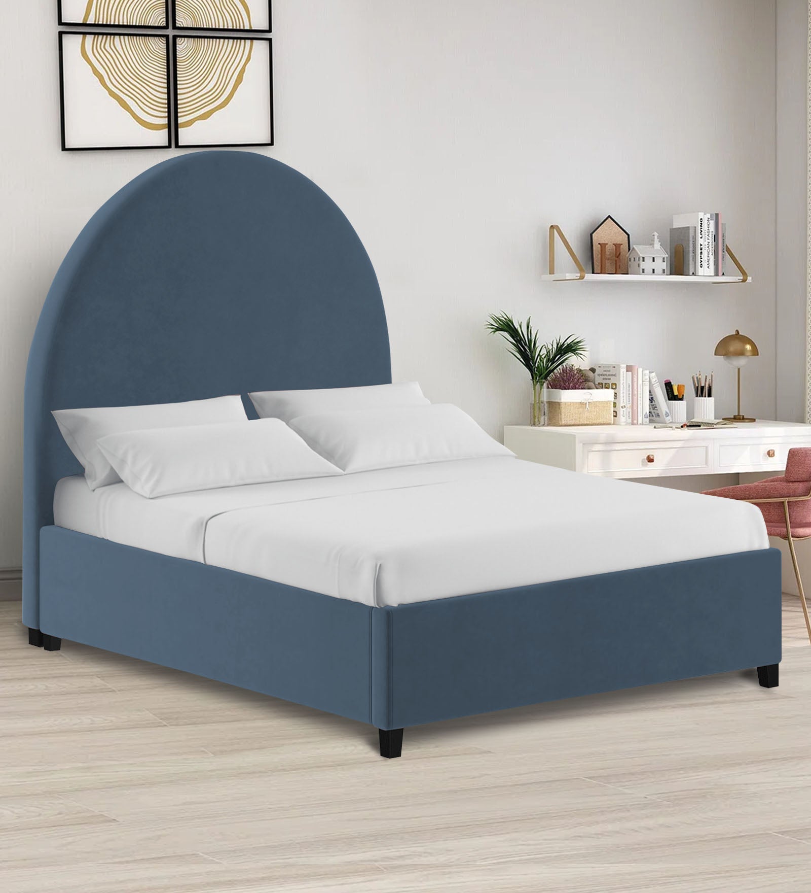 Maro Velvet King Size Bed In Oxford Blue Colour