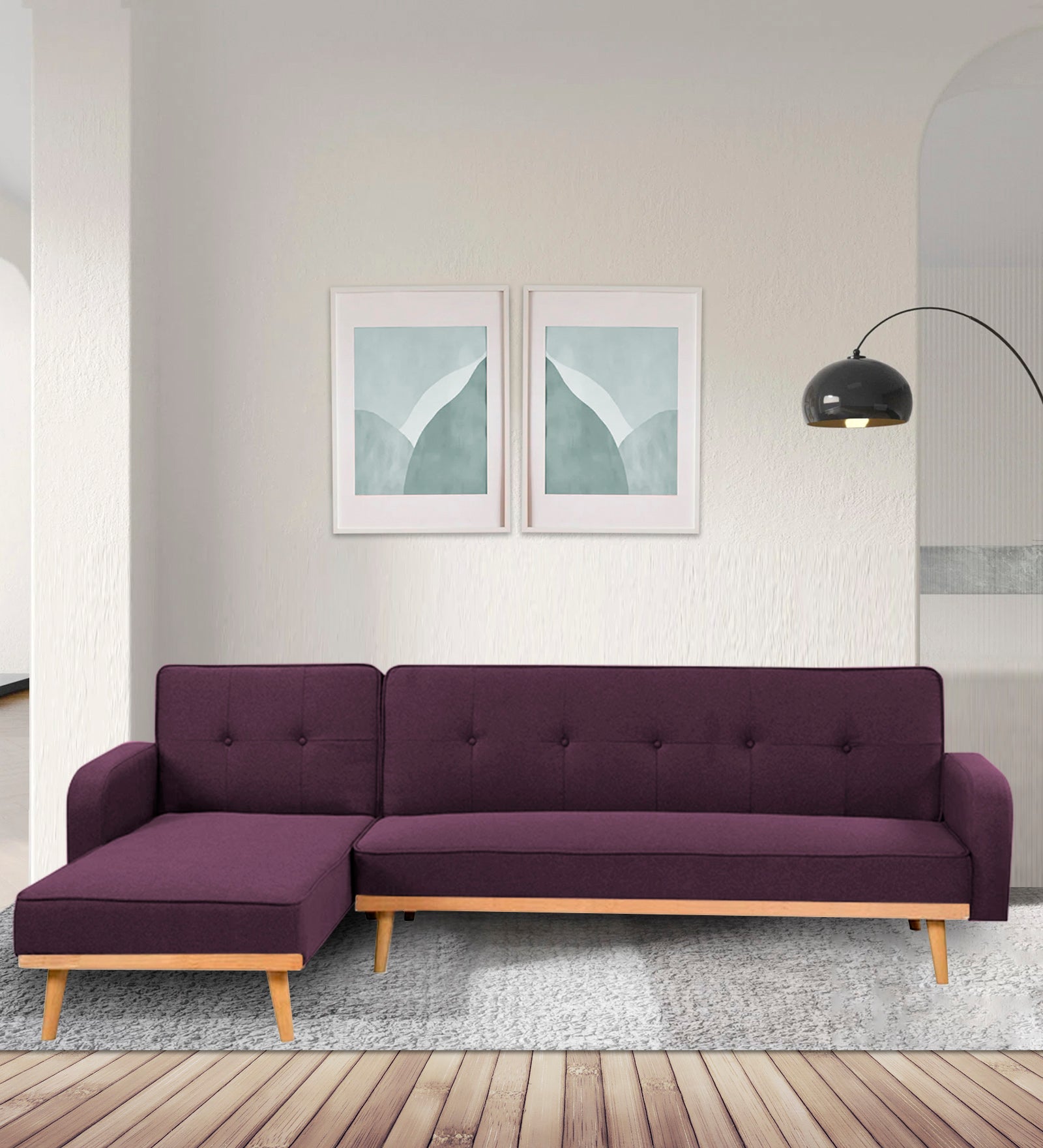 Zuno Fabric RHS Sectional + Sofa Cum Bed In Greek Purple Colour