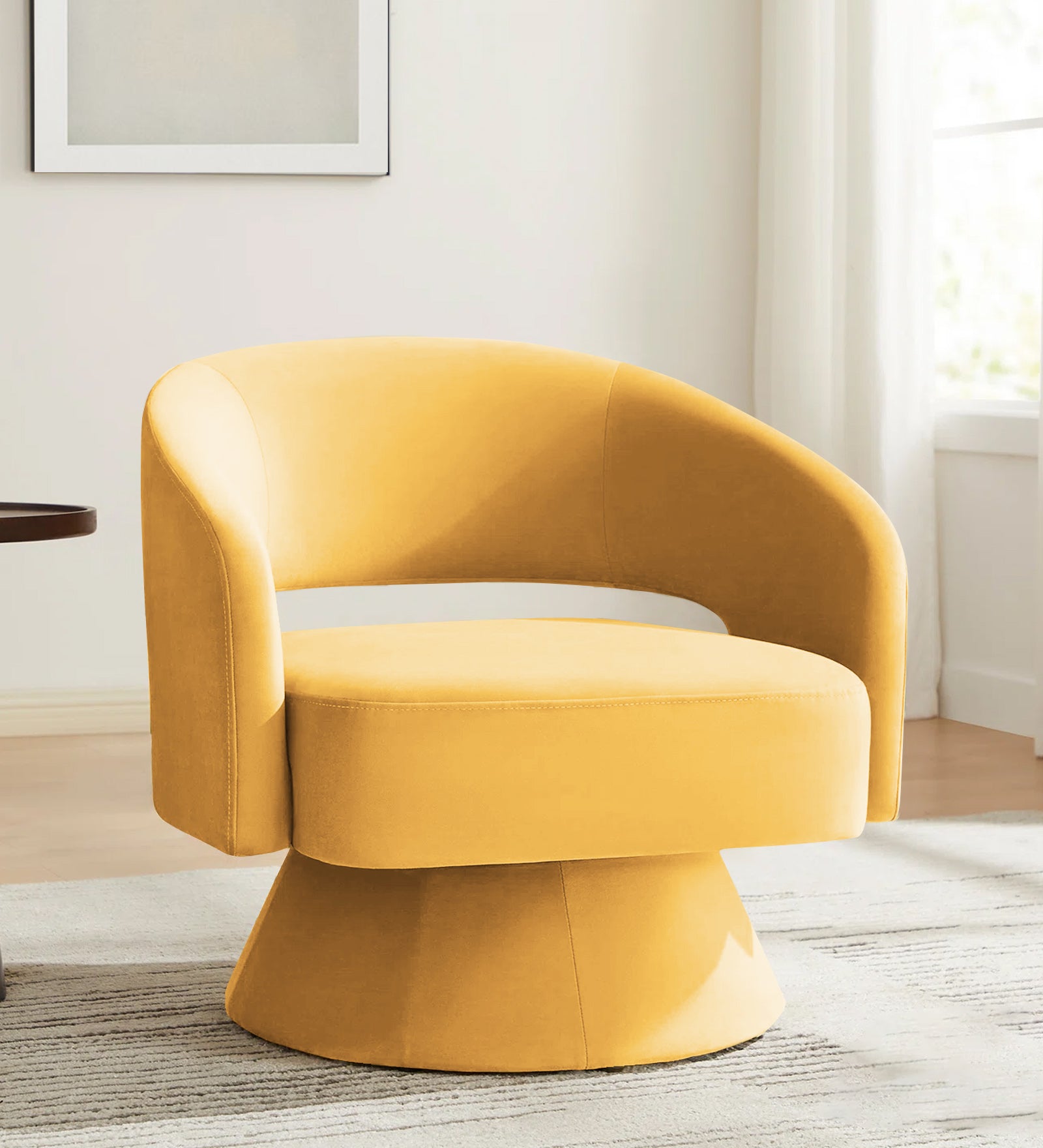 Pendra Velvet Swivel Chair in Turmeric Yellow Colour