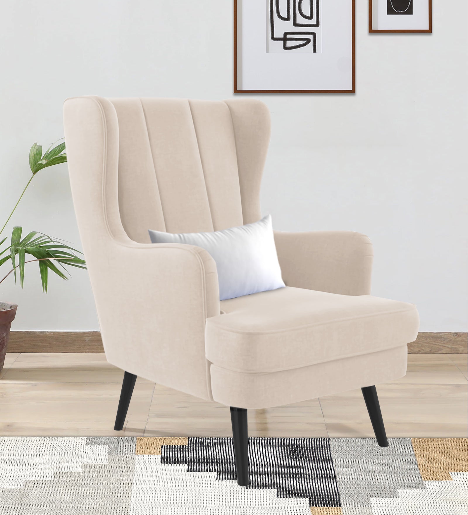 Niya Velvet 1 Seater Wing Chair in Camel Beige Colour