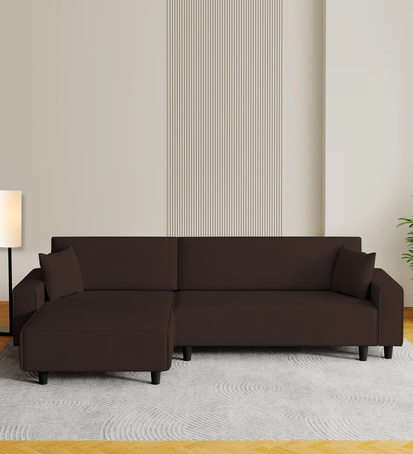 Peach Fabric RHS 6 Seater Sectional Sofa Cum Bed With Storage In Coffee Brown Colour