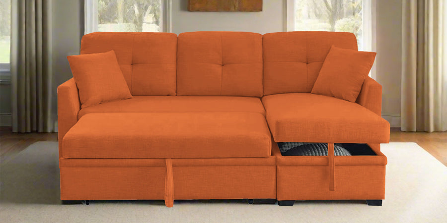 Jody Fabric 3 Seater Pull Out Sofa Cum Bed In Vivid Orange Colour With Storage - Febonic Living