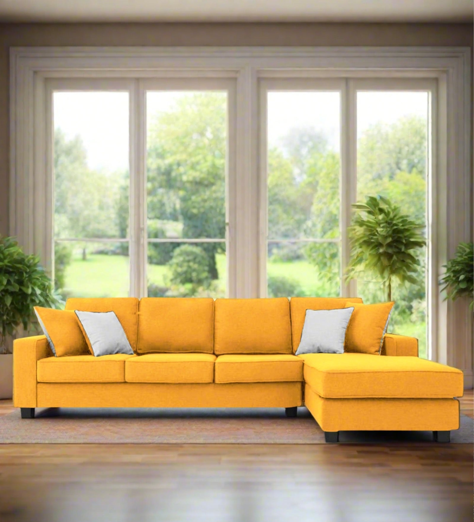 Ladybug Fabric LHS Sectional Sofa (3+Lounger) In Bold Yellow Colour