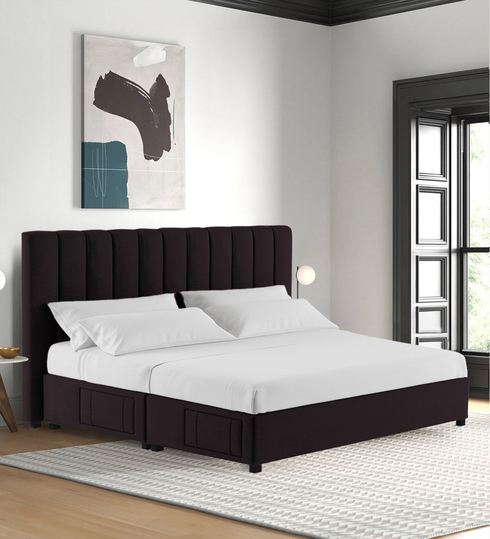 Nivi Fabric King Size Bed In Cara Brown Colour With Drawer Storage