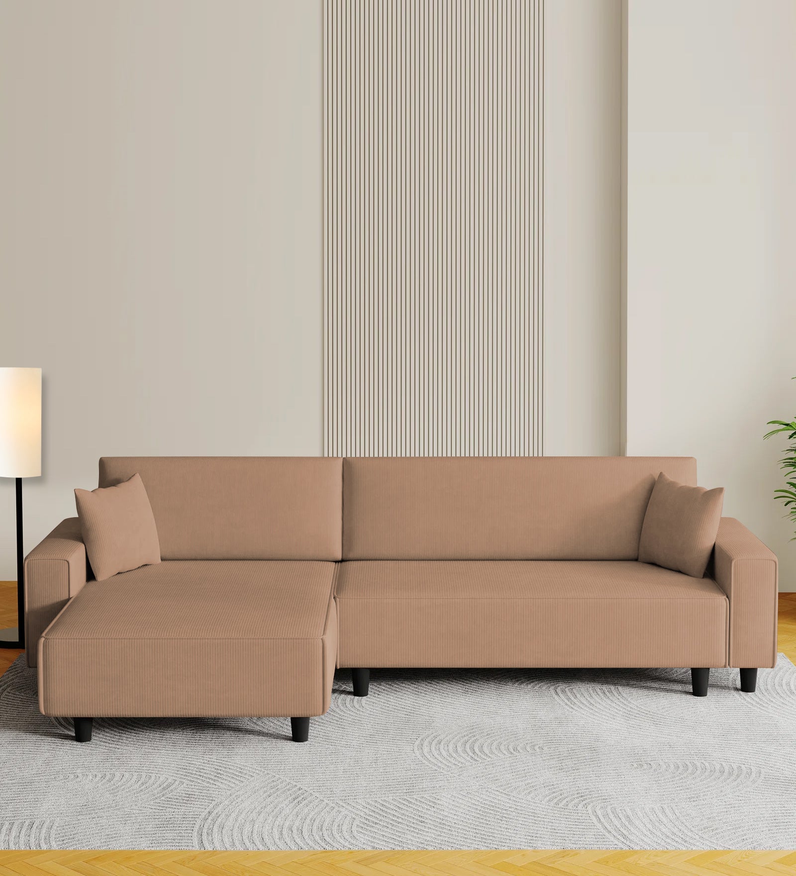 Peach Fabric RHS 6 Seater Sectional Sofa Cum Bed With Storage In Cosmic Beige Colour