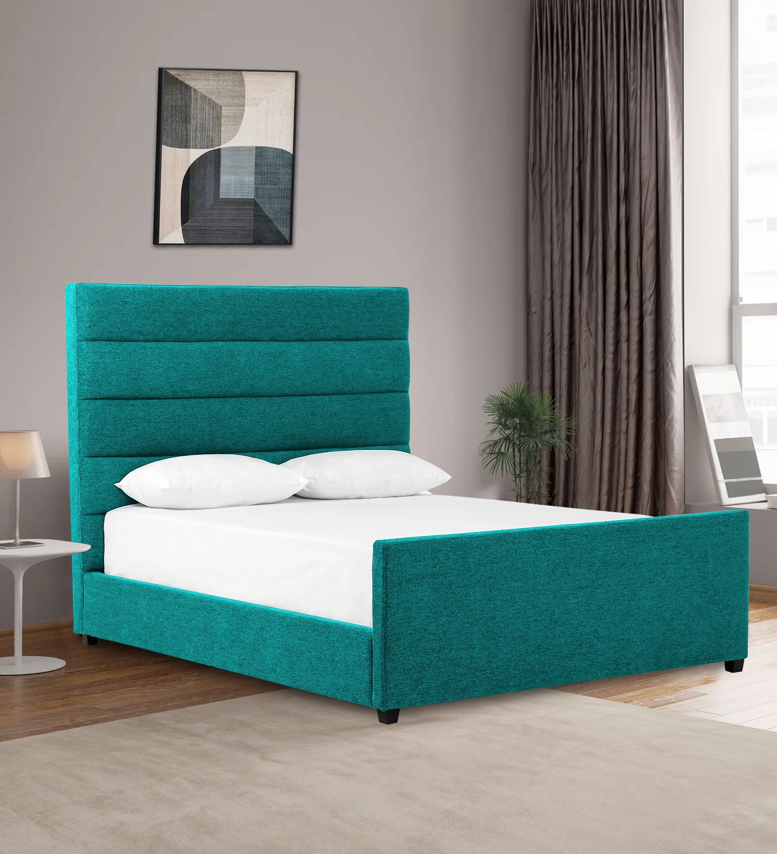 Pollen Fabric Queen Size Bed In Sea Green Colour