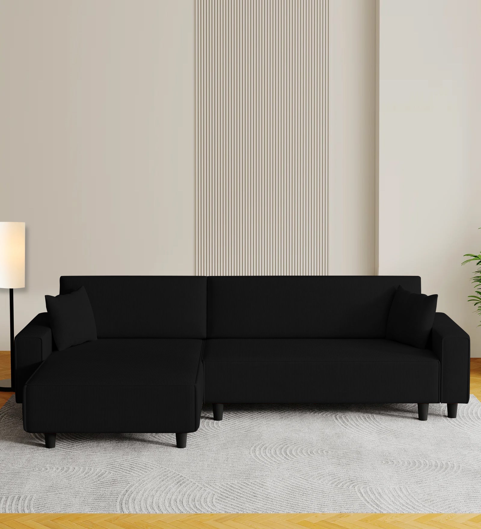 Peach Fabric RHS 6 Seater Sectional Sofa Cum Bed With Storage In Zed Black Colour
