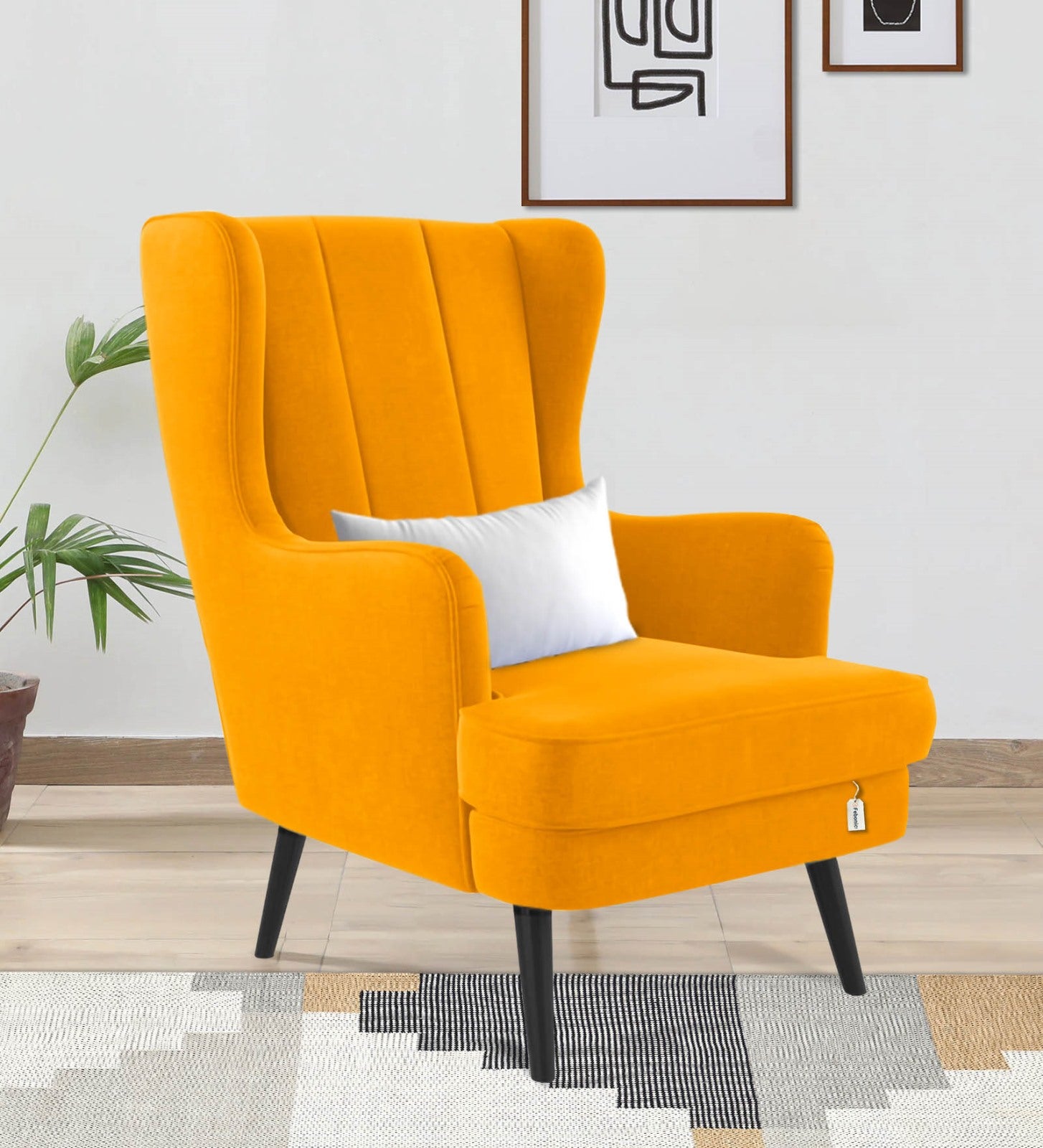 Niya Velvet Wing Chair in Safforn Yellow Colour