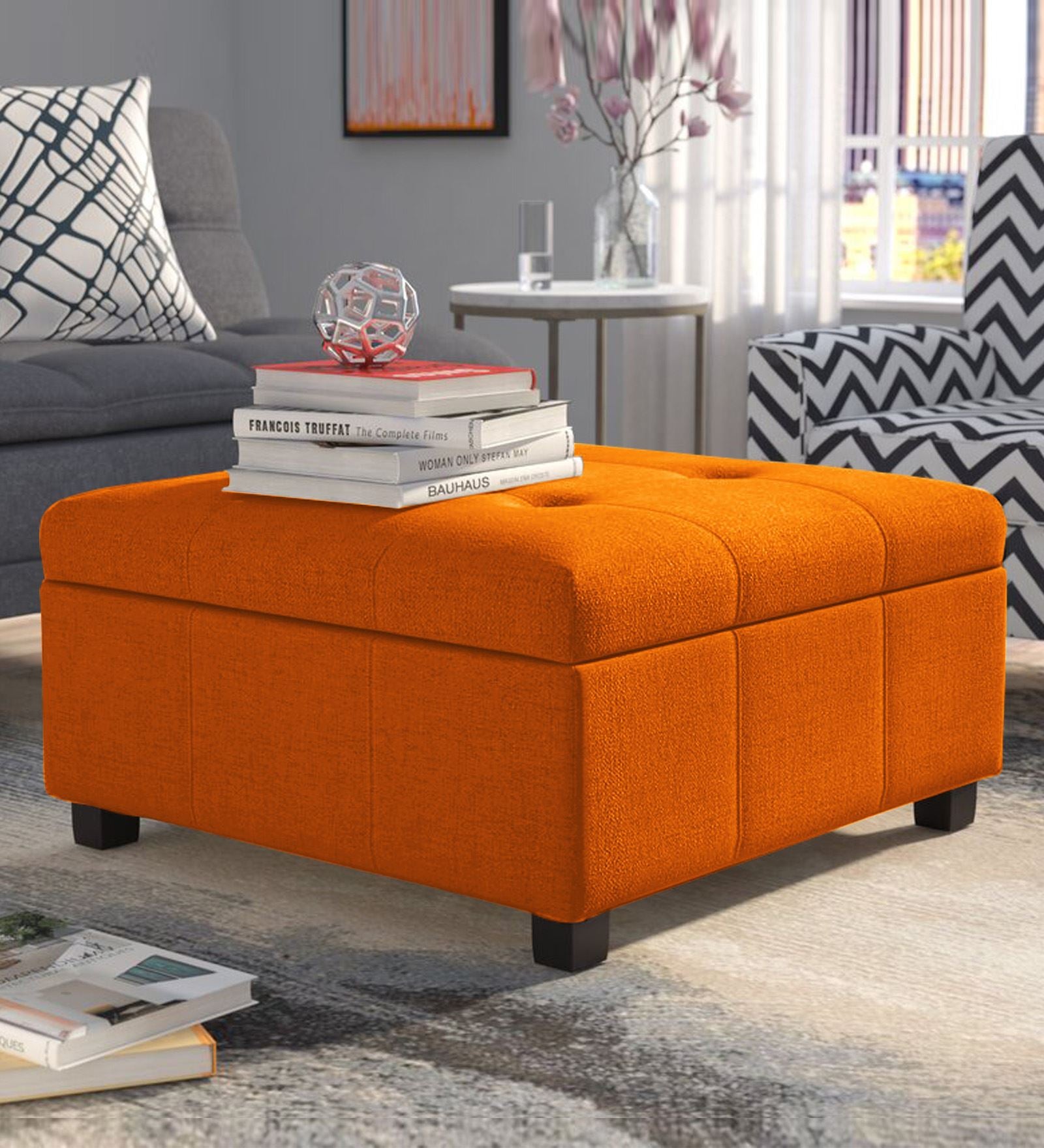 Mubila Fabric Ottoman In Vivid Orange Colour With Storage