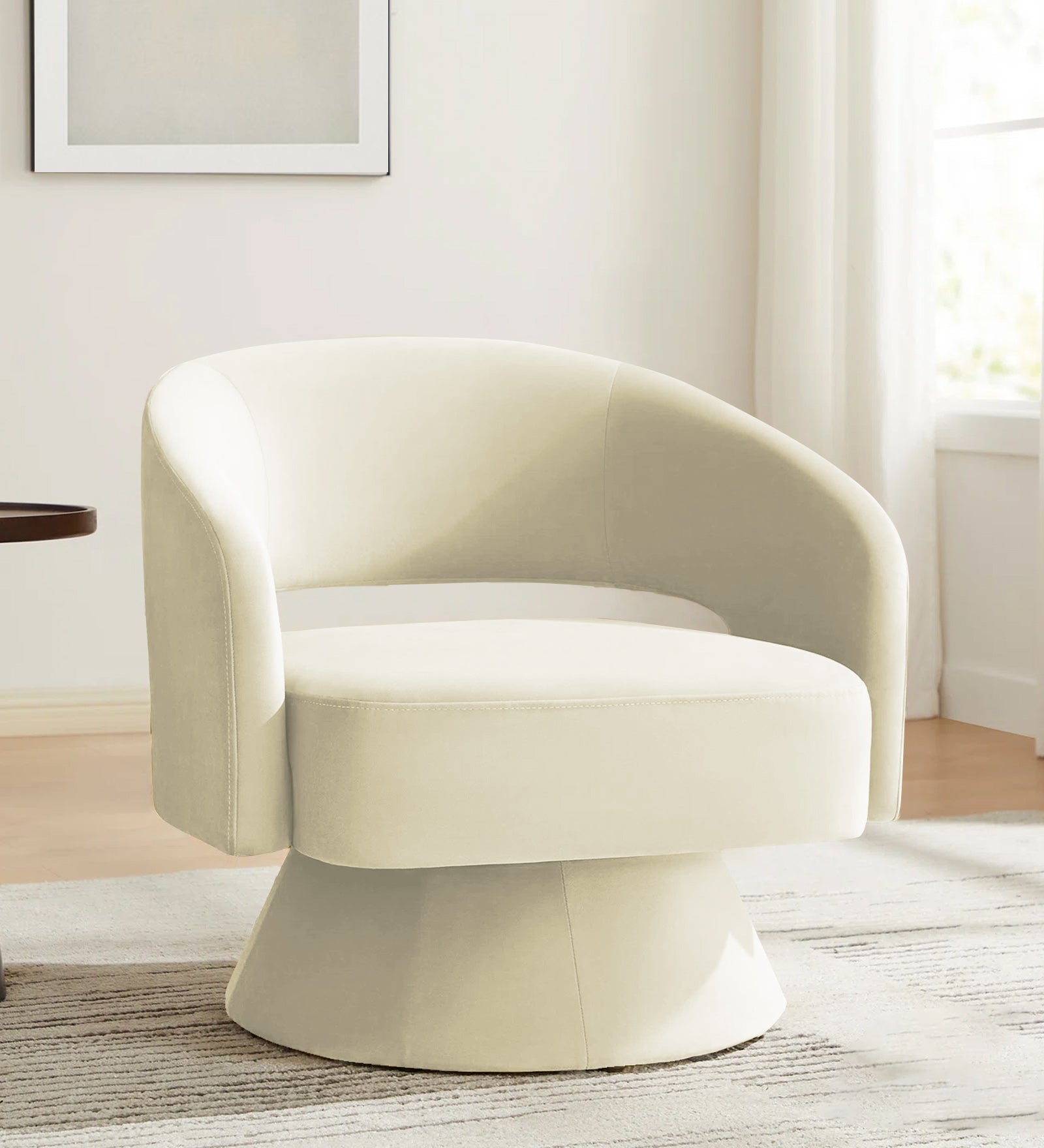 Pendra Velvet Swivel Chair in Warm White Colour