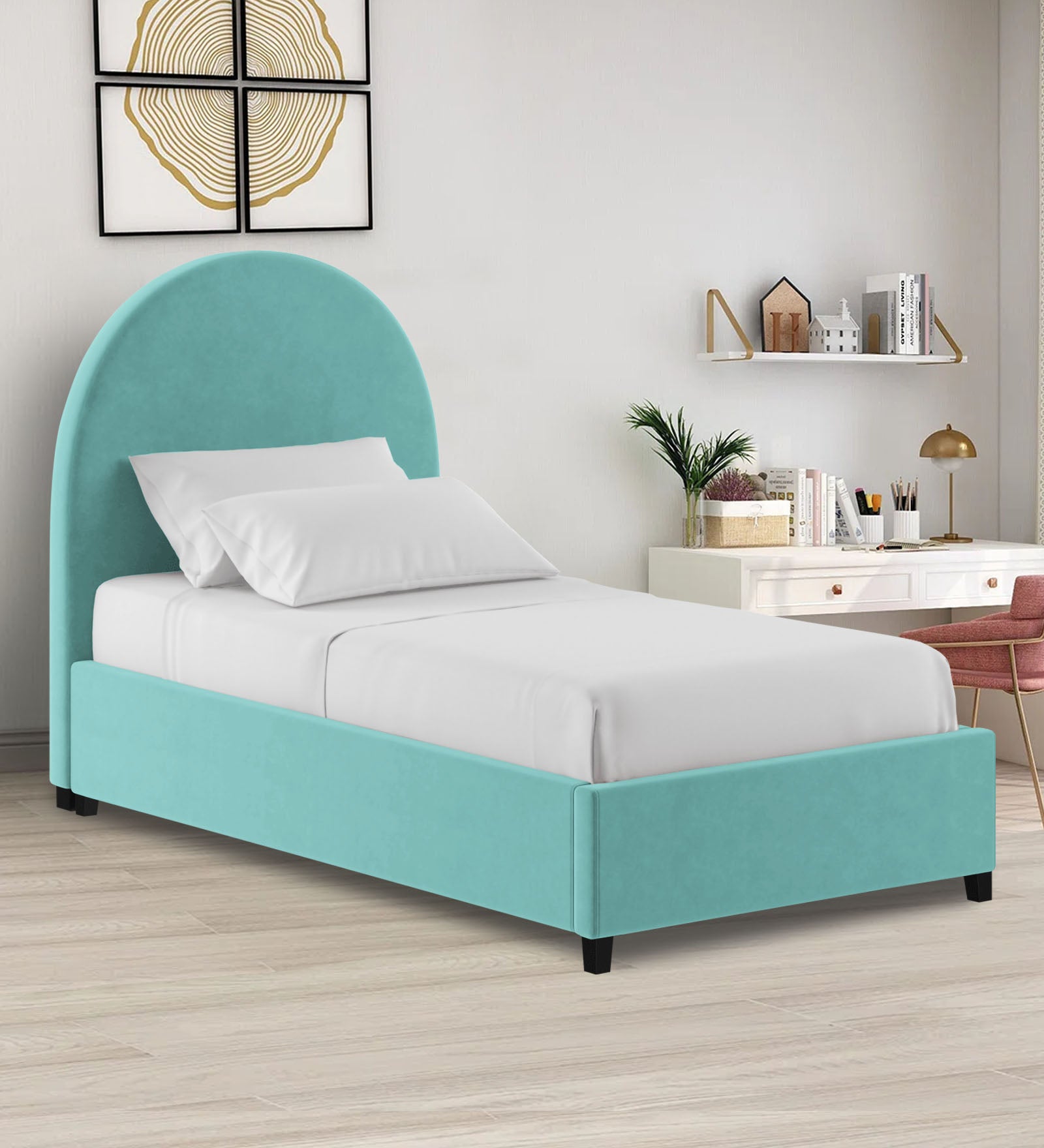 Maro Velvet Single Size Bed In Barmunda Aqua Colour