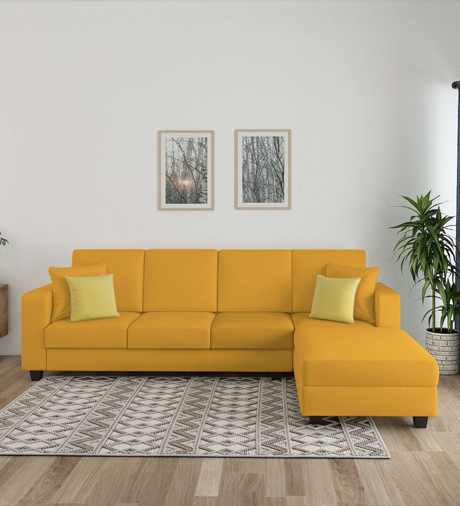 Nabi Fabric LHS Sectional Sofa (3 + Lounger) In Bold Yellow Colour
