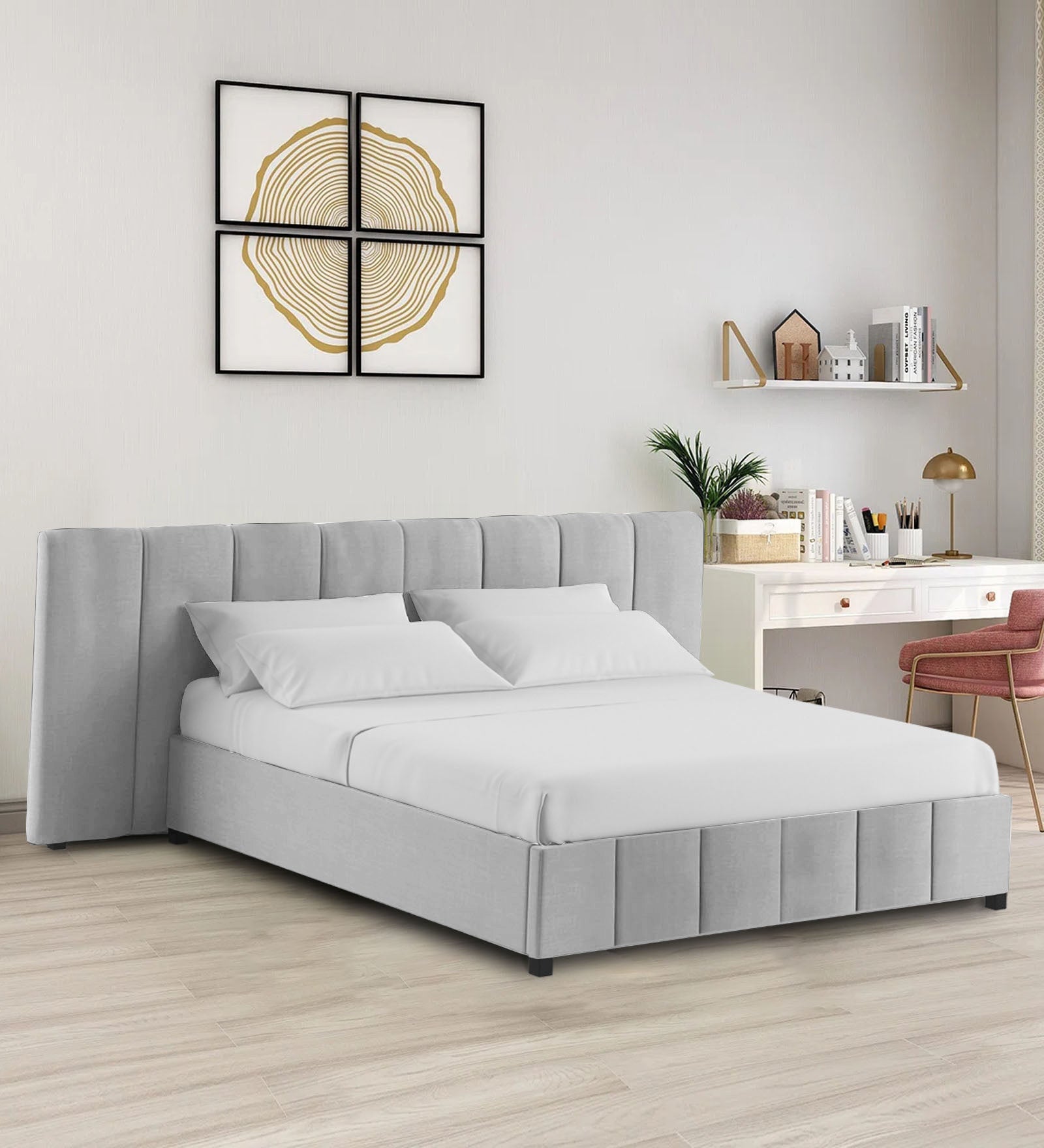 Nora Fabric Queen Size Bed In Lit Grey Colour With Box Storage