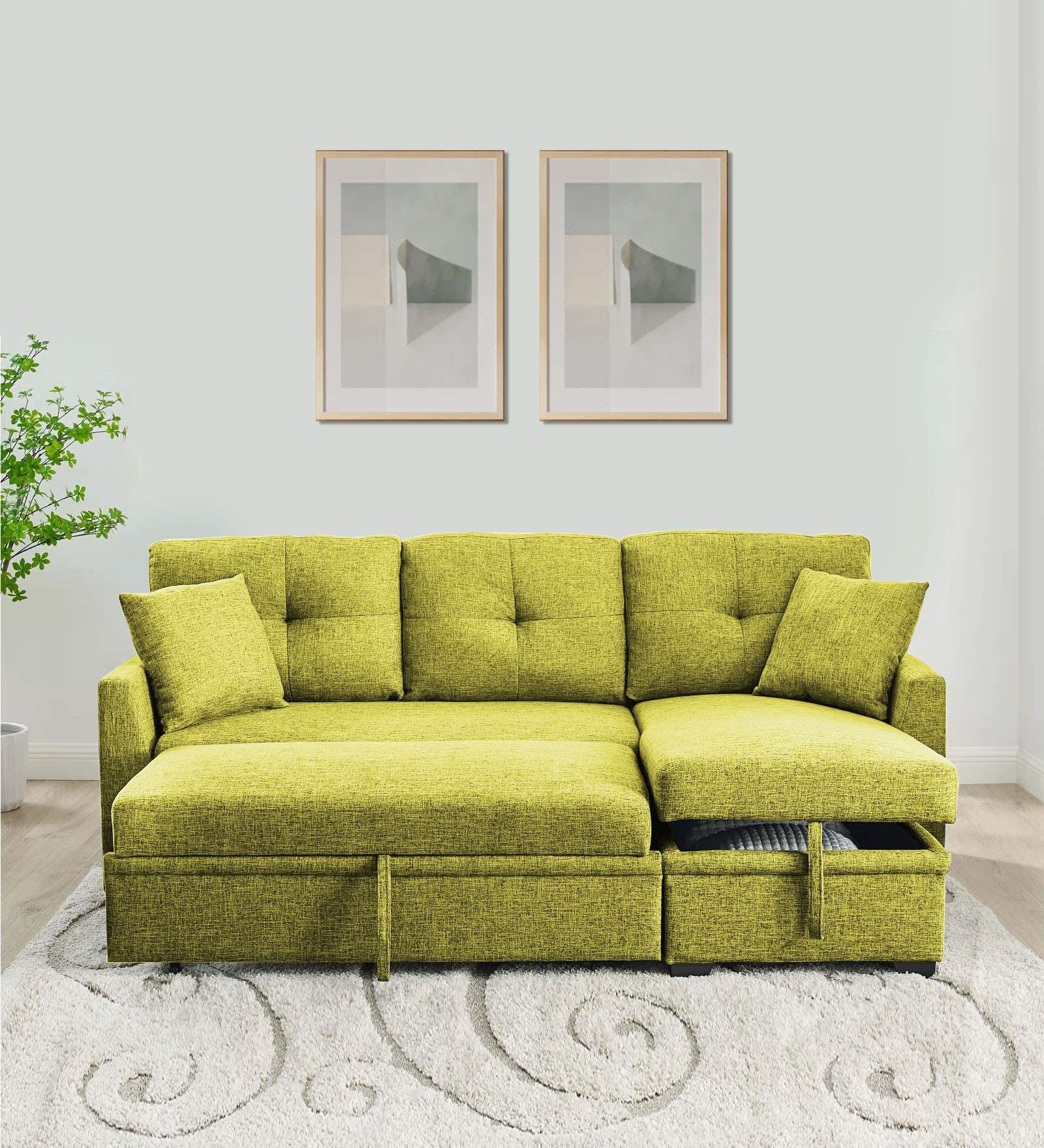 Jody Fabric 3 Seater Pull Out Sofa Cum Bed In Parrot Green Colour