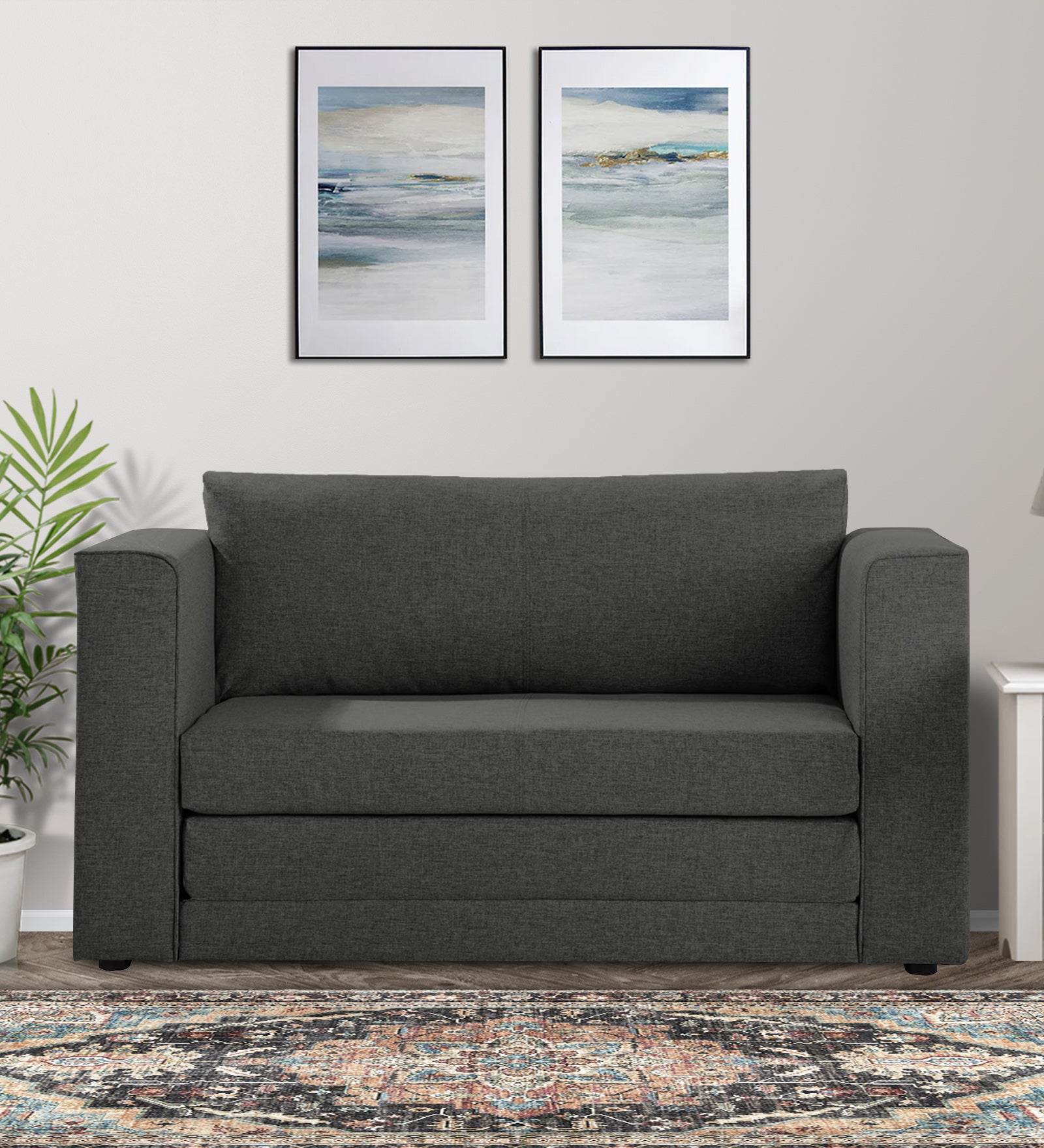 Kenia Fabric 2 Seater Convertible Sofa Cum Bed in Charcoal Grey Colour