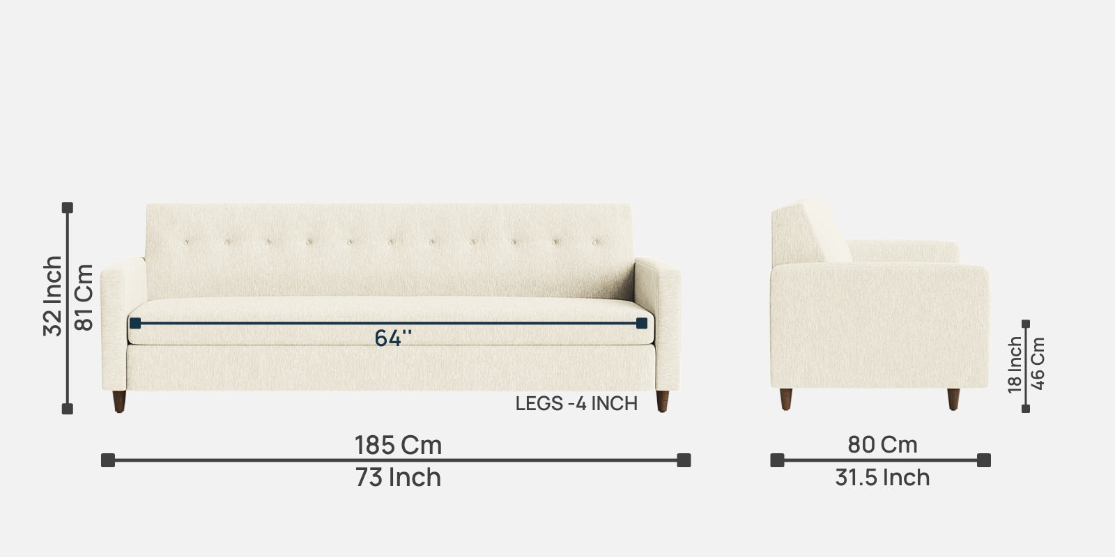 Timon Fabric 3 Seater Sofa in Ivory Cream Colour