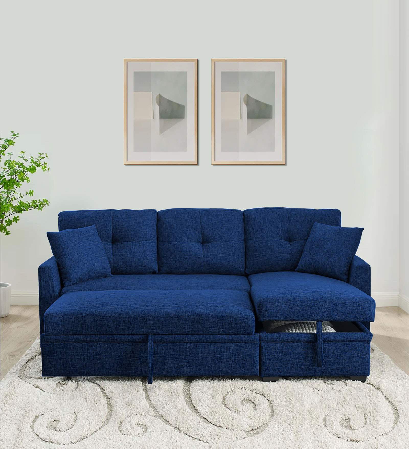 Jody Fabric 3 Seater Pull Out Sofa Cum Bed In Royal Blue Colour