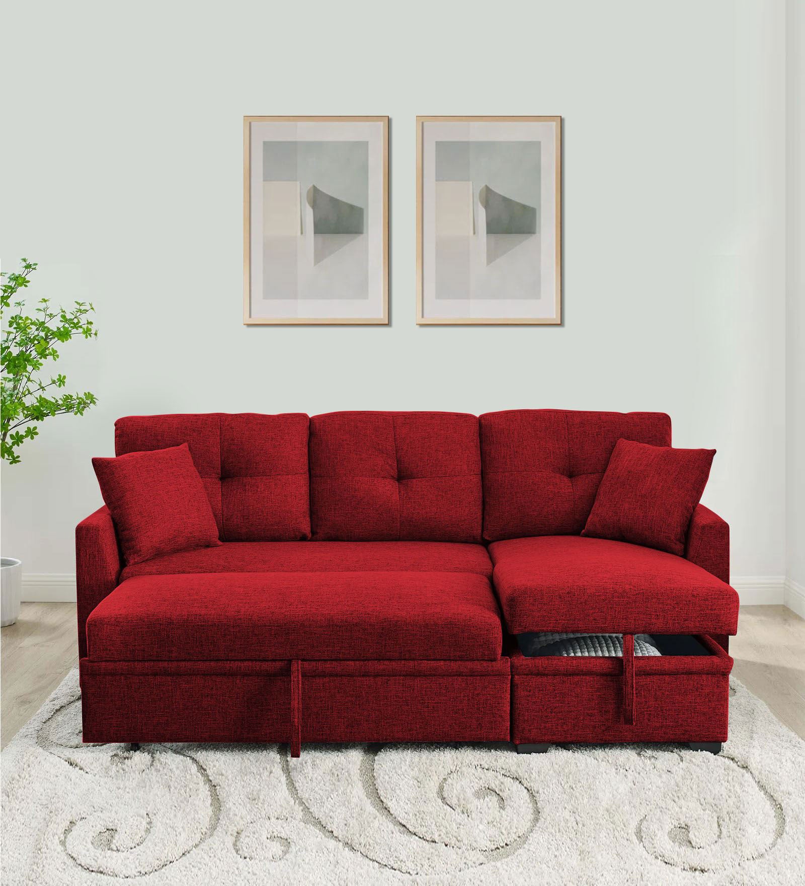 Jody Fabric 3 Seater Pull Out Sofa Cum Bed In Blood Maroon Colour