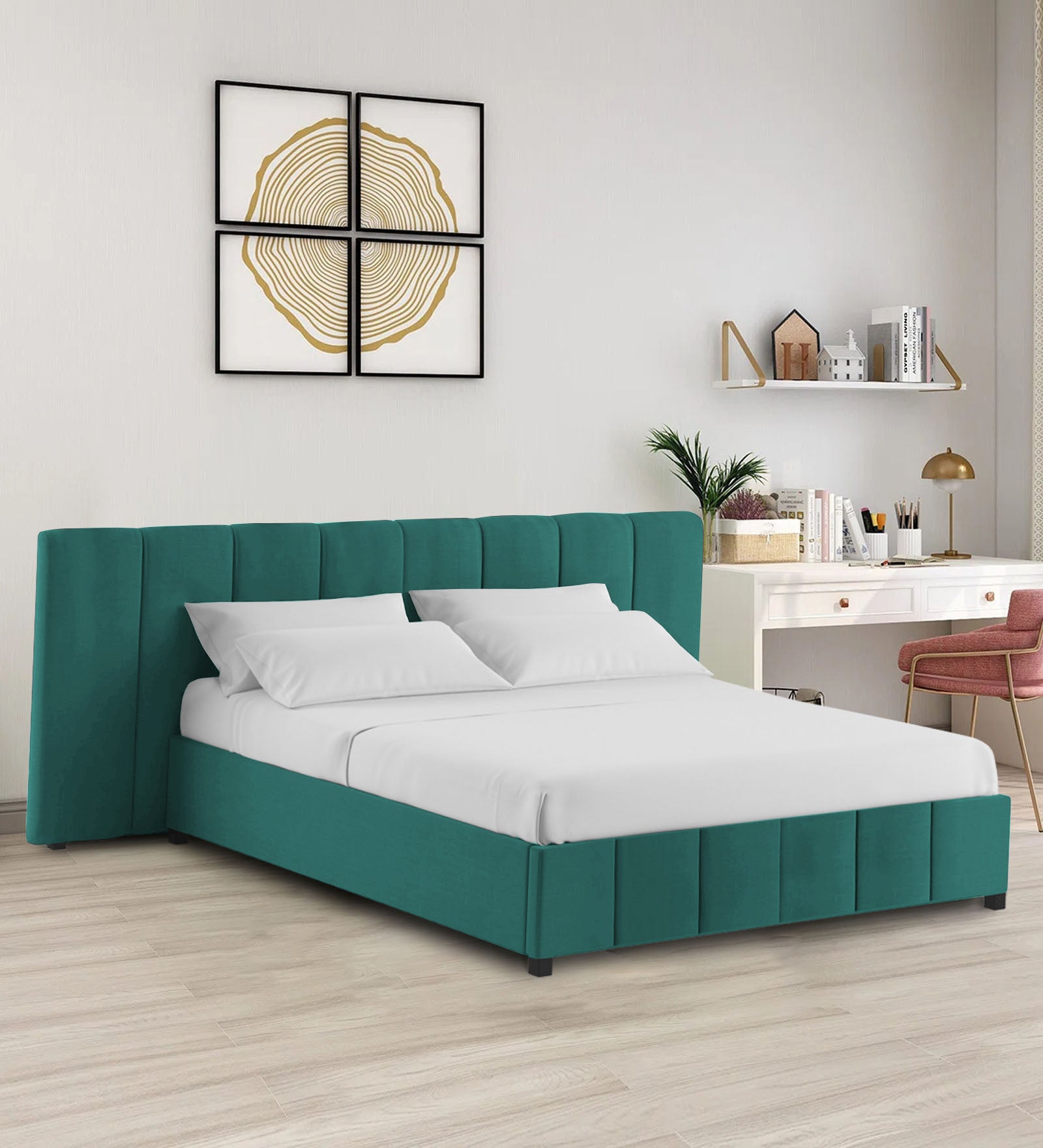 Nora Fabric Queen Size Bed In Sea Green Colour With Box Storage
