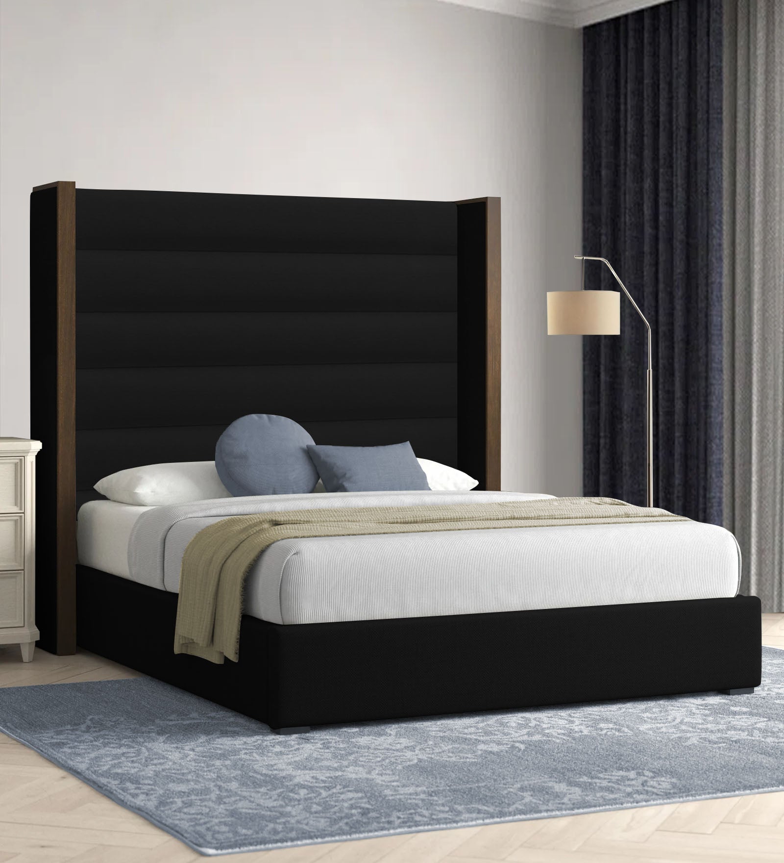 Sunny Fabric Queen Size Bed In Zed Black Colour