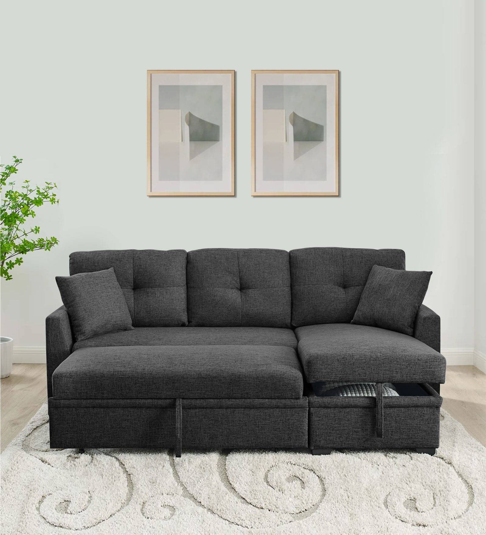 Jody Fabric 3 Seater Pull Out Sofa Cum Bed In Charcoal Grey Colour