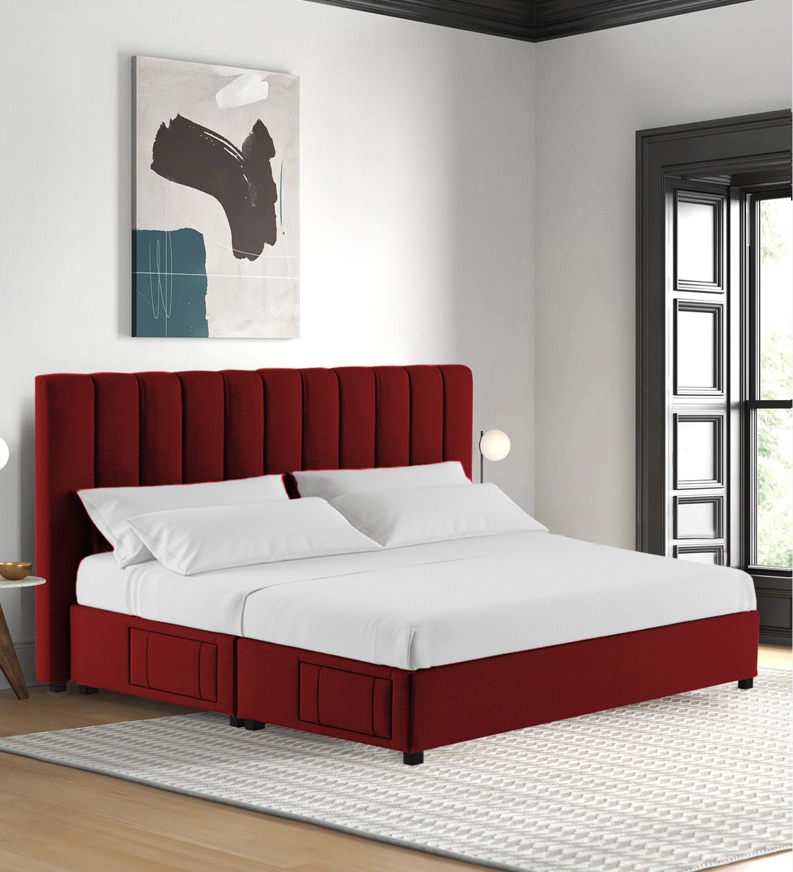 Nivi Fabric King Size Bed In Blood Maroon Colour With Drawer Storage