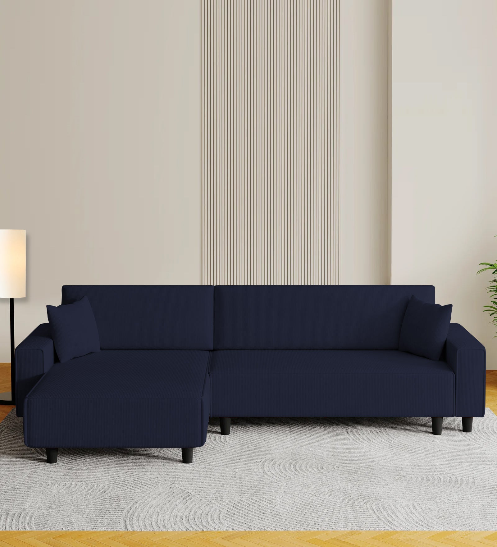 Peach Fabric RHS 6 Seater Sectional Sofa Cum Bed With Storage In Royal Blue Colour