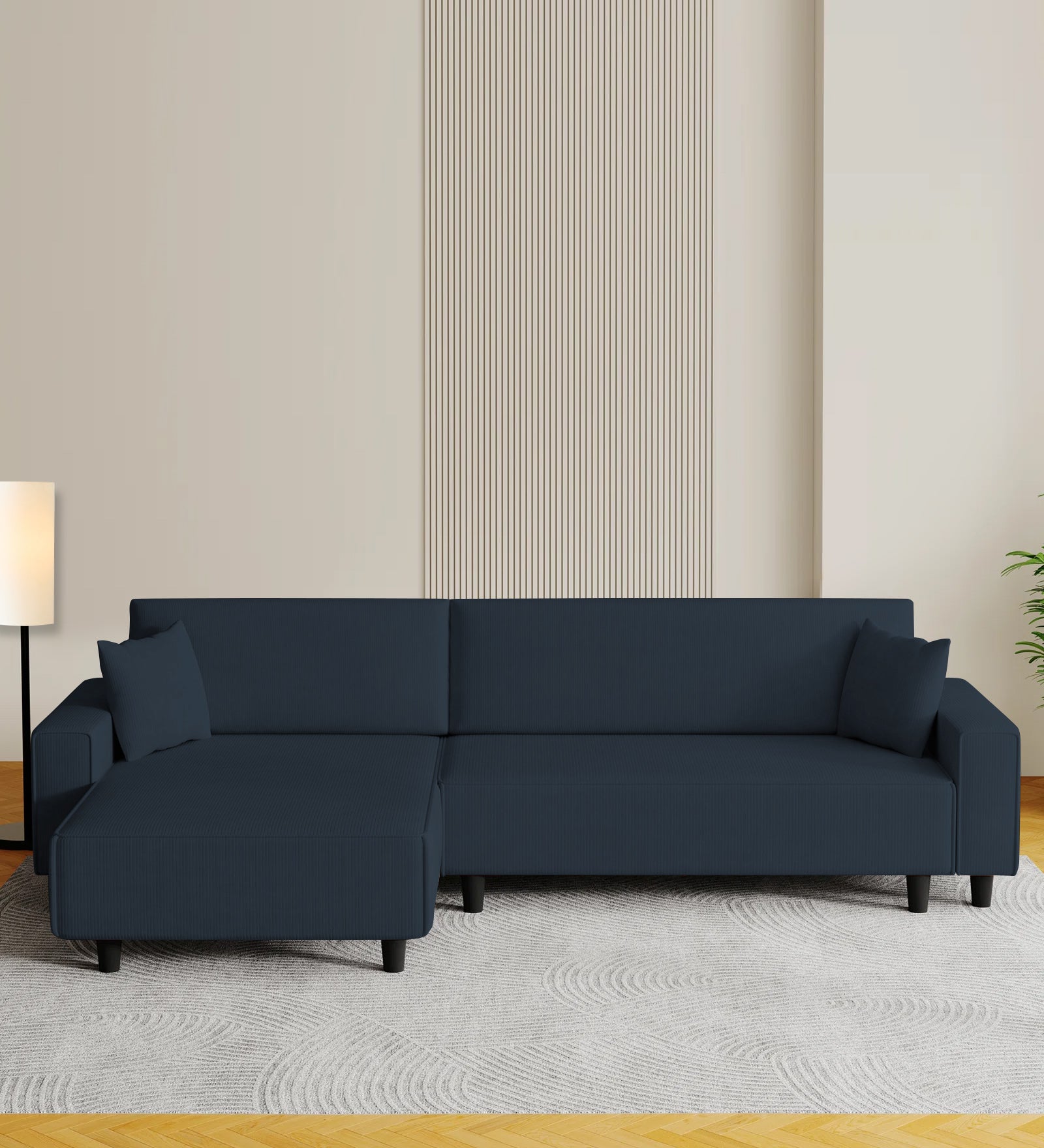PPeach Fabric RHS 6 Seater Sectional Sofa Cum Bed With Storage In Denim Blue Colour